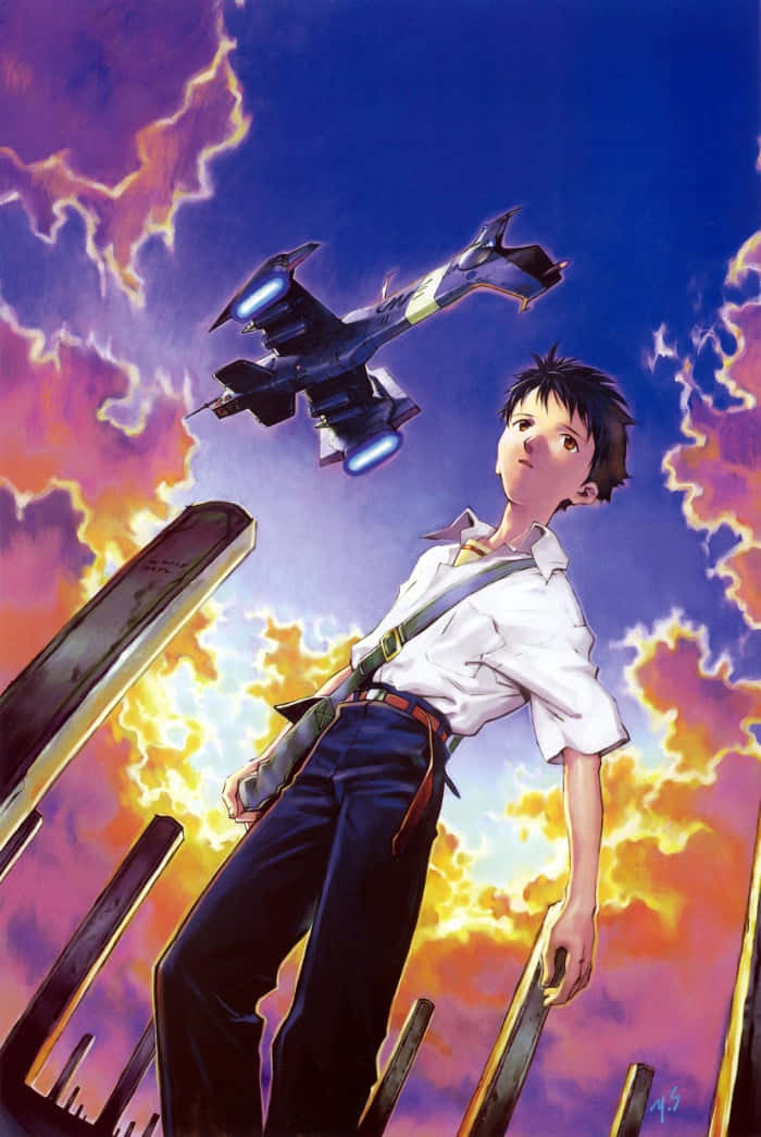 Shinji Ikari 桌布 壁紙 — 一個穿著白襯衫的男孩站在破碎的柱子之間，天空戲劇性，一個發光的機甲在他上方盤旋。