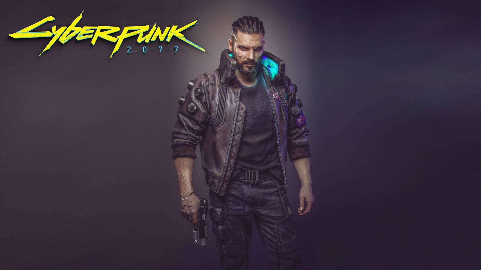 Cyberpunk 2077 角色穿著皮夾克，手持帶有發光義體的槍。 — 8K 遊戲 壁紙