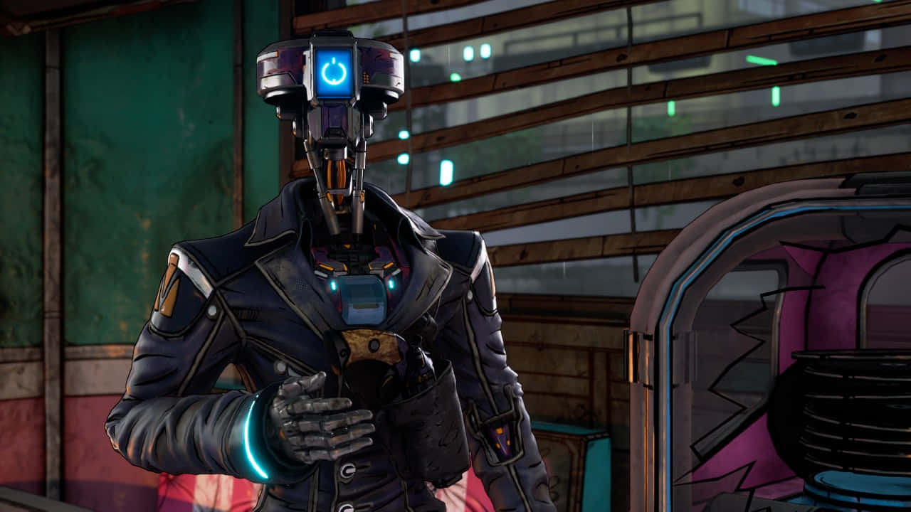 Borderlands Characters 桌布 壁紙 — 一個穿著皮夾克的未來機器人，站在充滿霓虹燈和藍色發光裝飾的賽博龐克小巷中。