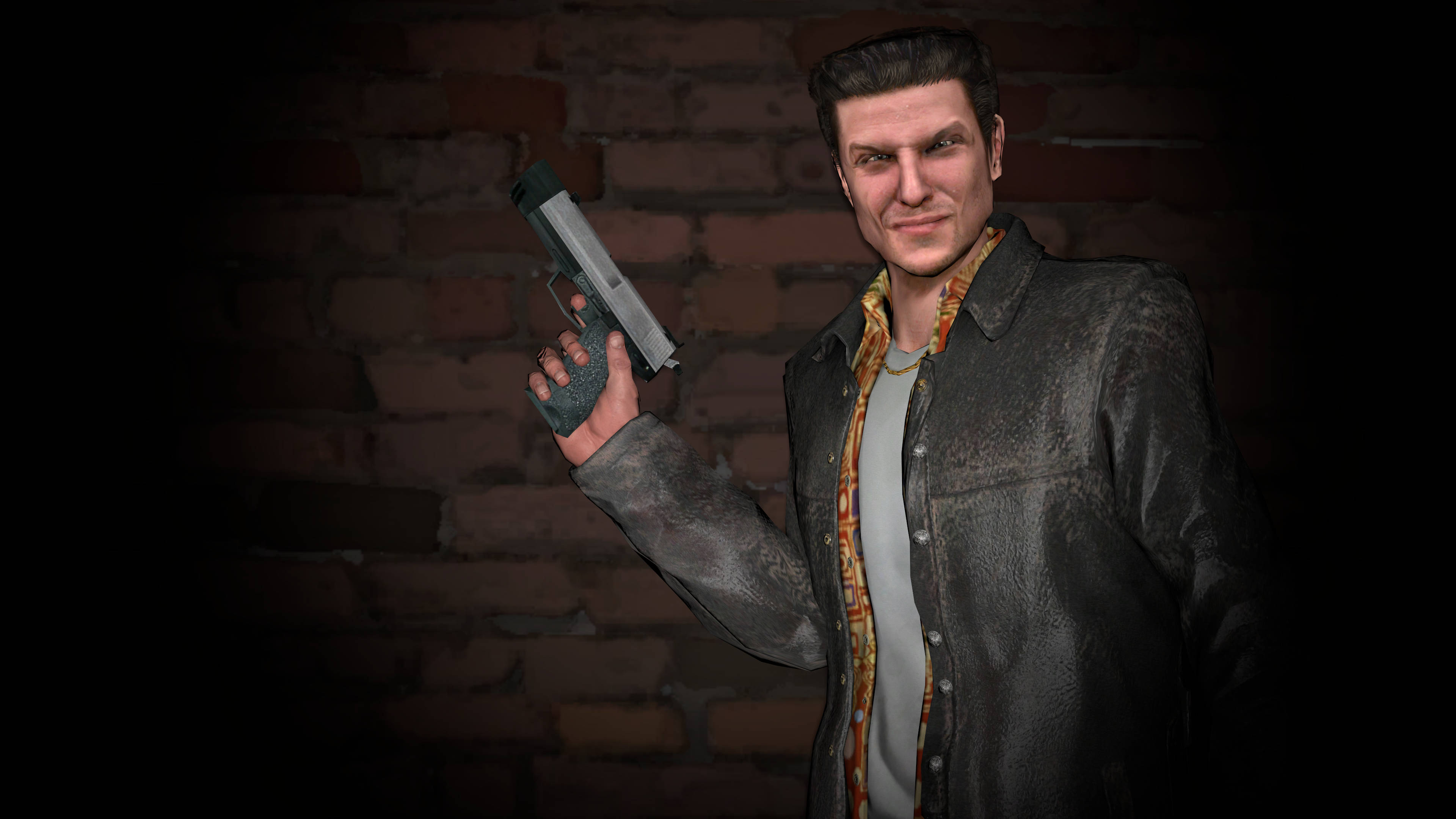 Max Payne 桌布 壁紙 — 一個穿著皮夾克的男人，在昏暗的磚牆前手持手槍，燈光效果充滿戲劇性。