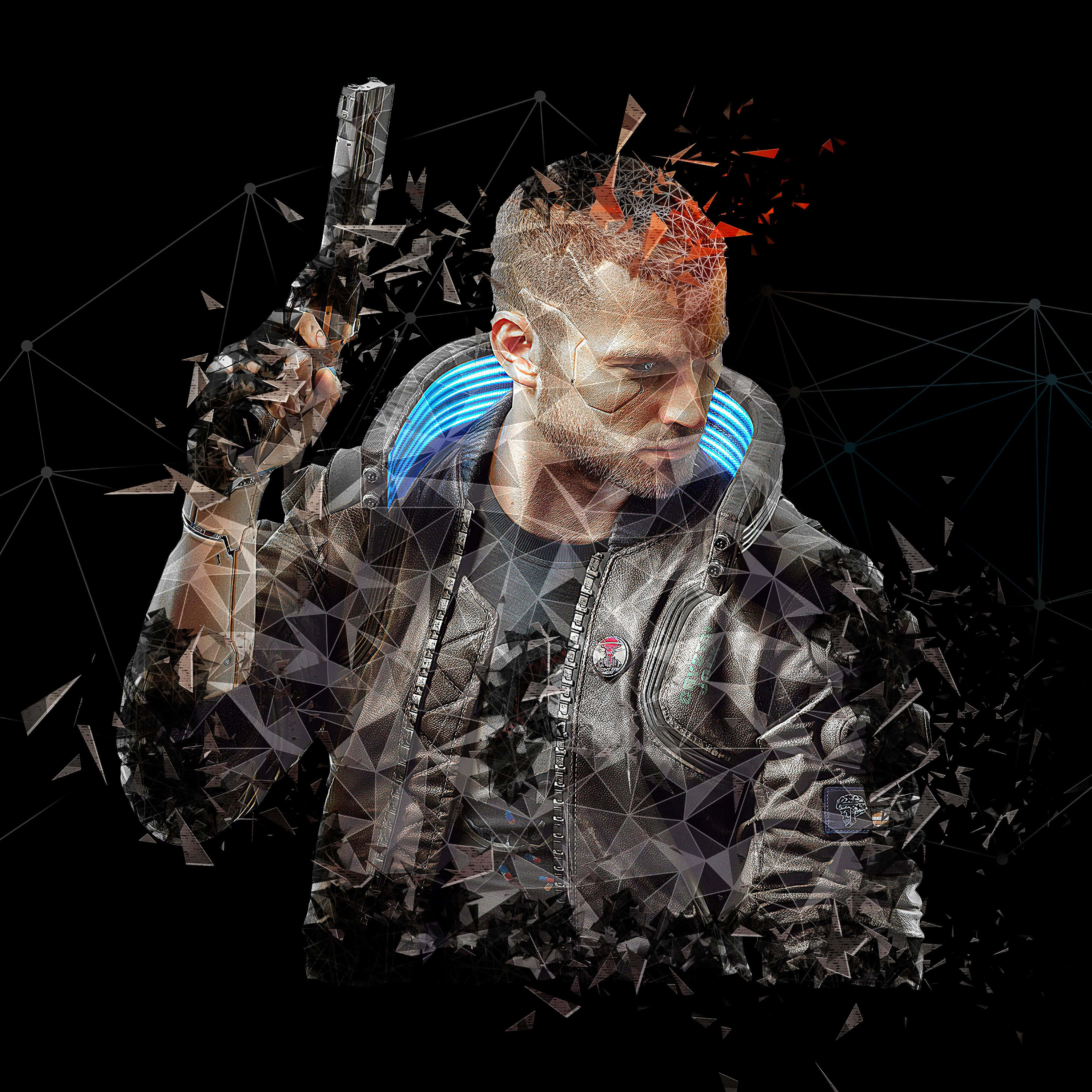 Cyberpunk 2077 Characters 桌布 壁紙 — 一個穿著皮夾克的男人手持槍支，身體碎裂成發光的幾何碎片，背景是黑暗的網路。
