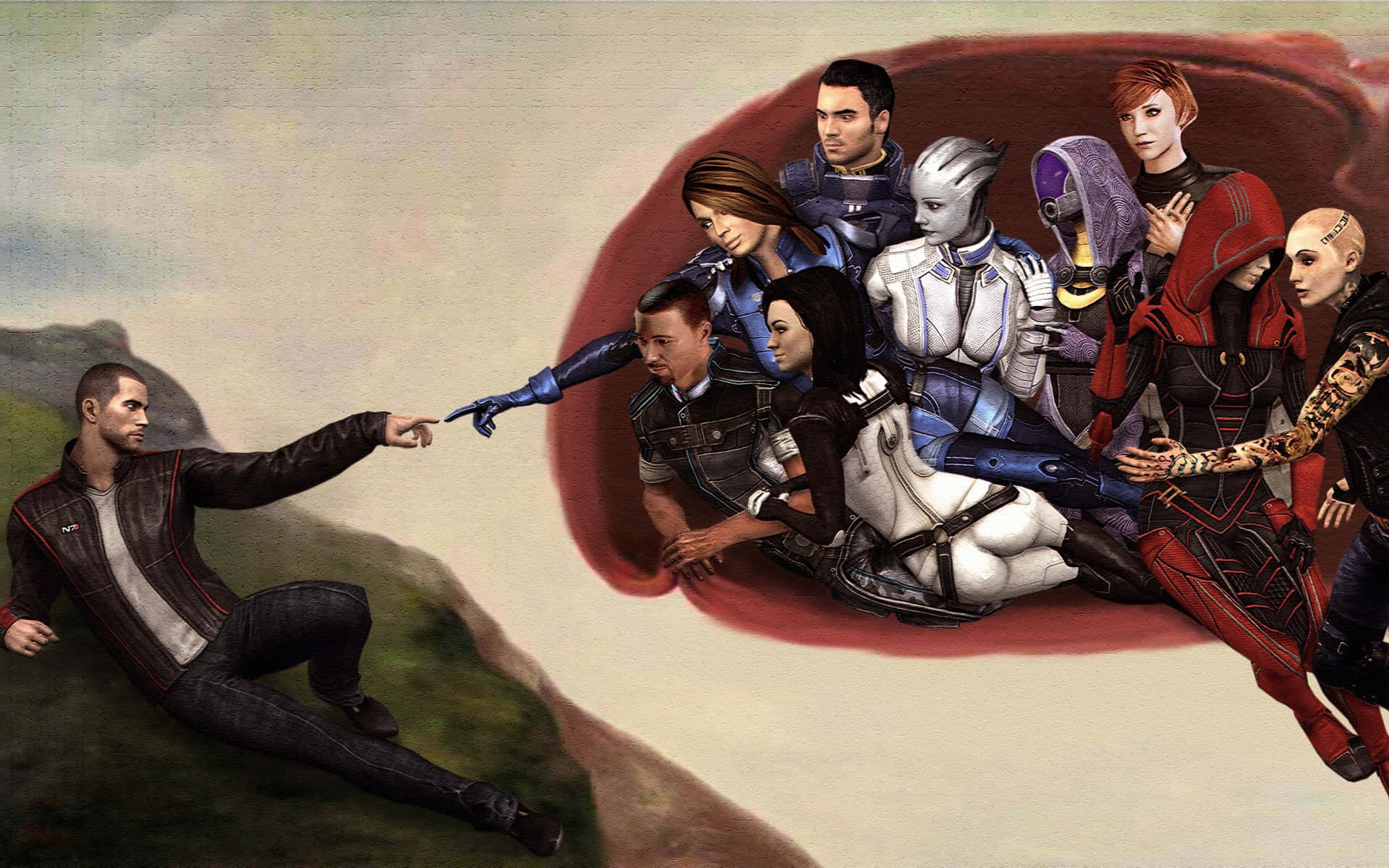 Mass Effect Characters 桌布 壁紙 — 一個穿著皮夾克的男人指著一群從紅色漩渦中出現的多樣化未來角色，背景是多雲的天空。