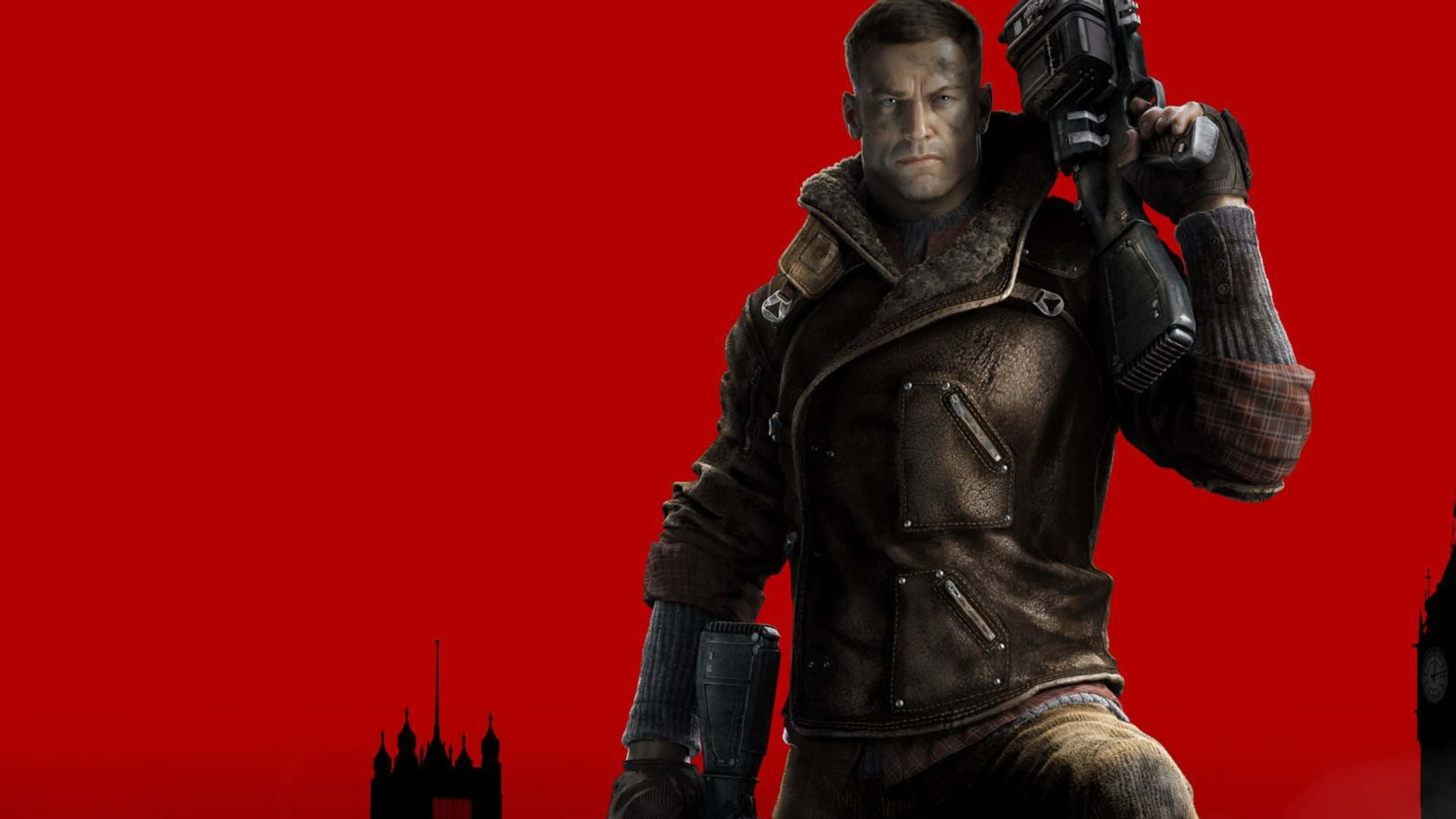 Wolfenstein Ii 桌布 壁紙 — 一個穿著皮夾克的粗獷電玩士兵，在帶有城市剪影的鮮紅色背景下手持武器。