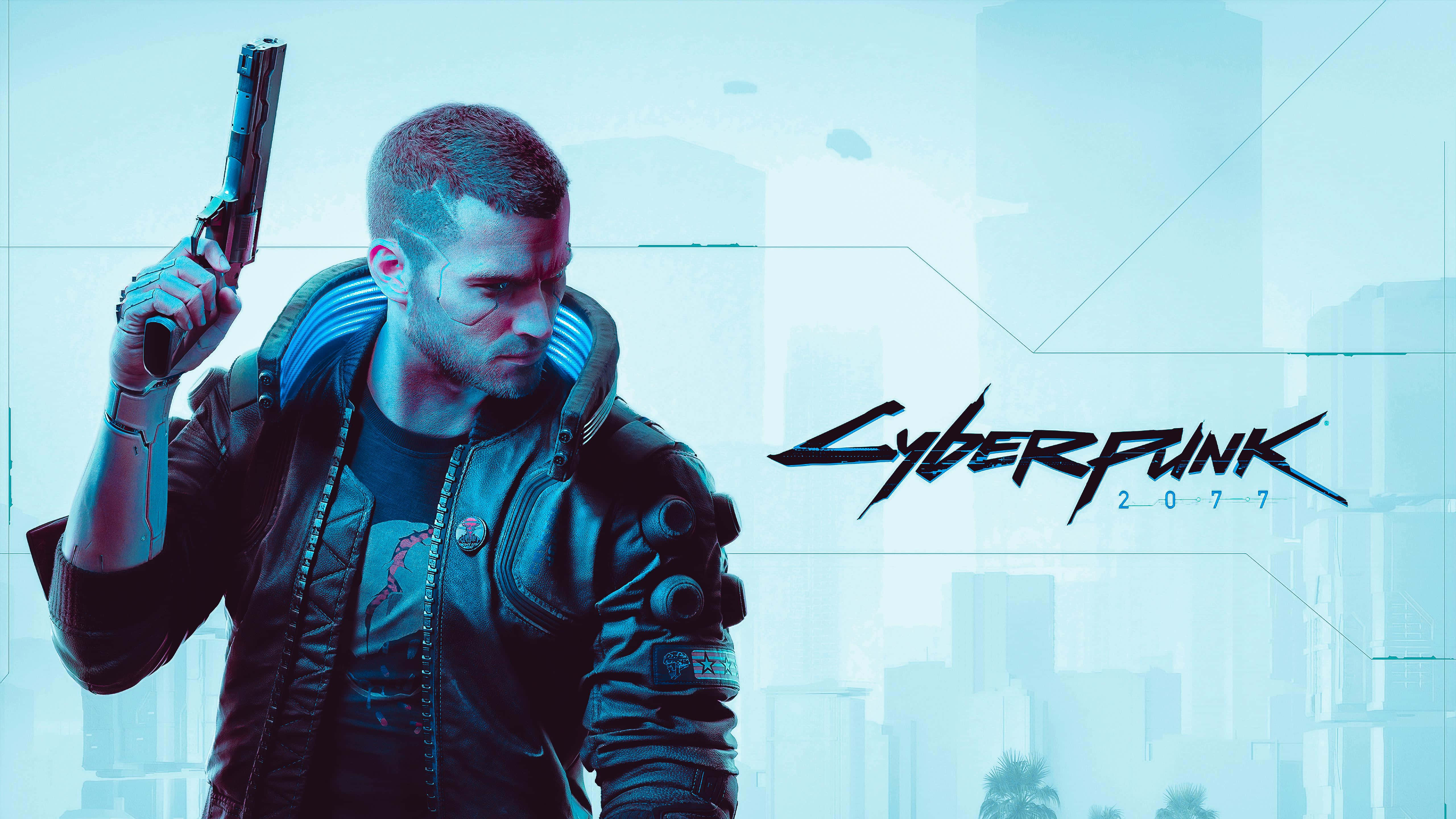 Cyberpunk 2077 Characters 桌布 壁紙 — 一個穿著皮夾克的賽博龐克主角，在霓虹燈閃爍的未來城市天際線前手持手槍。