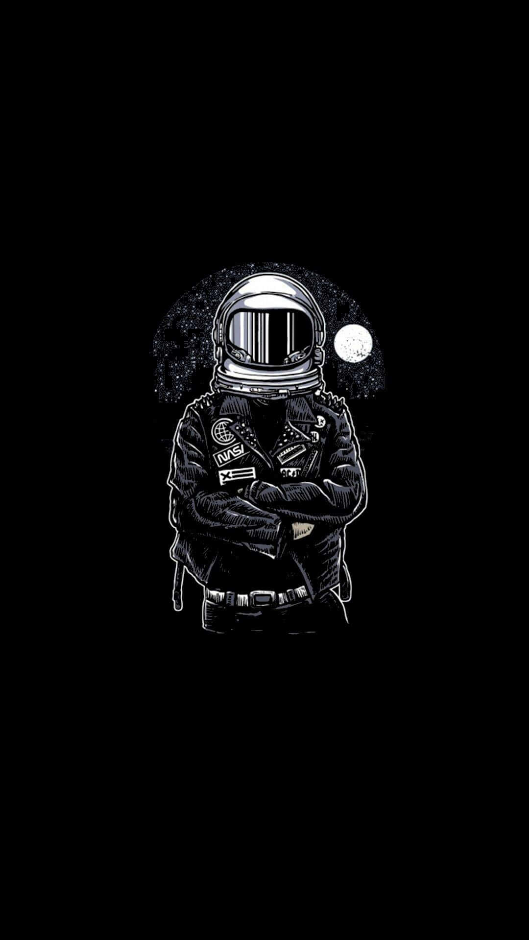 Astronaut iPhone 桌布 壁紙 — 一個穿著皮夾克的風格化太空人，自信地站在有月亮的星空宇宙背景前。