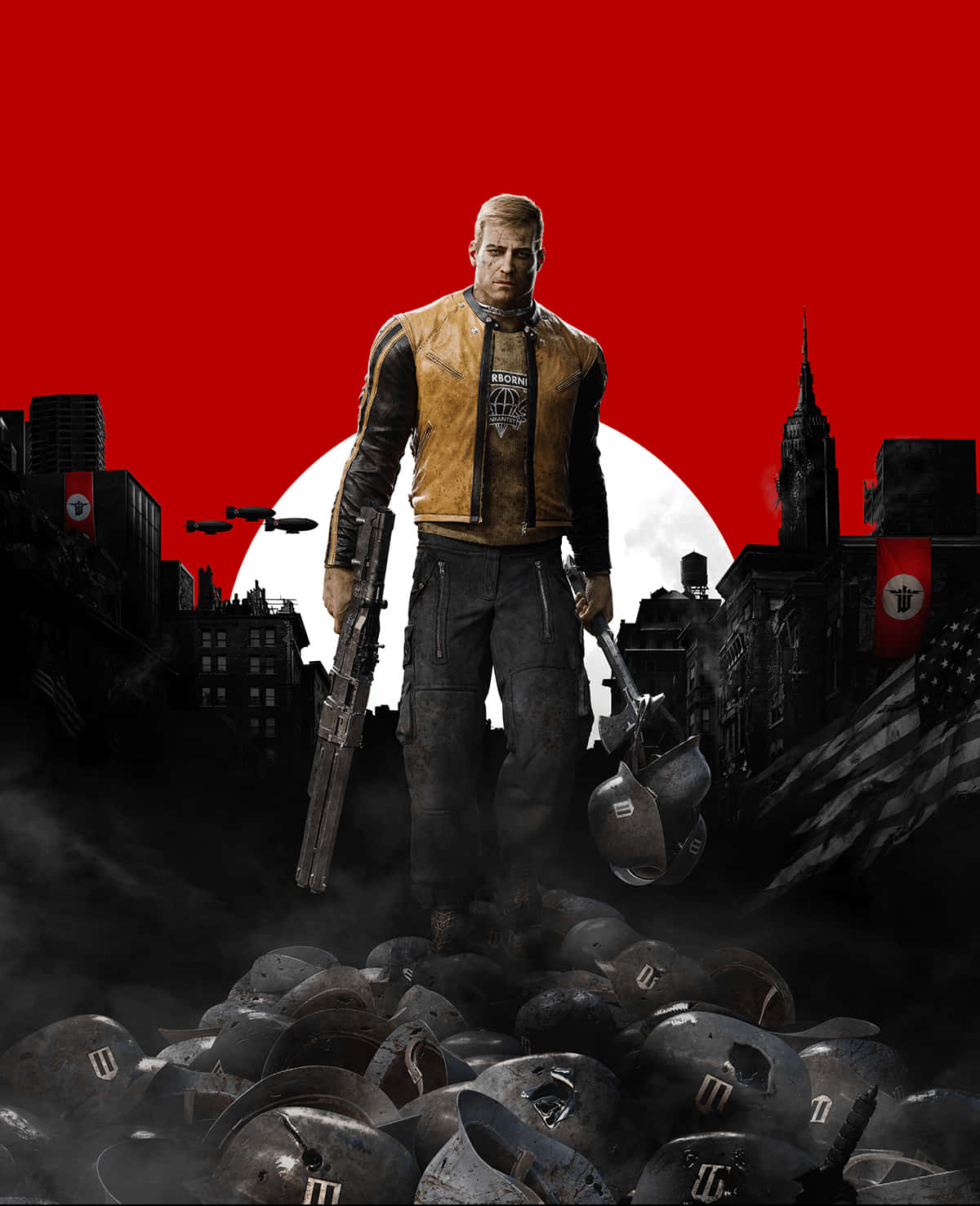 Best Wolfenstein Ii 桌布 壁紙 — 一個穿著皮背心的嚴肅男人站在一堆頭盔上，背景是紅色的天空、白色的月亮和廢墟般的城市景觀。