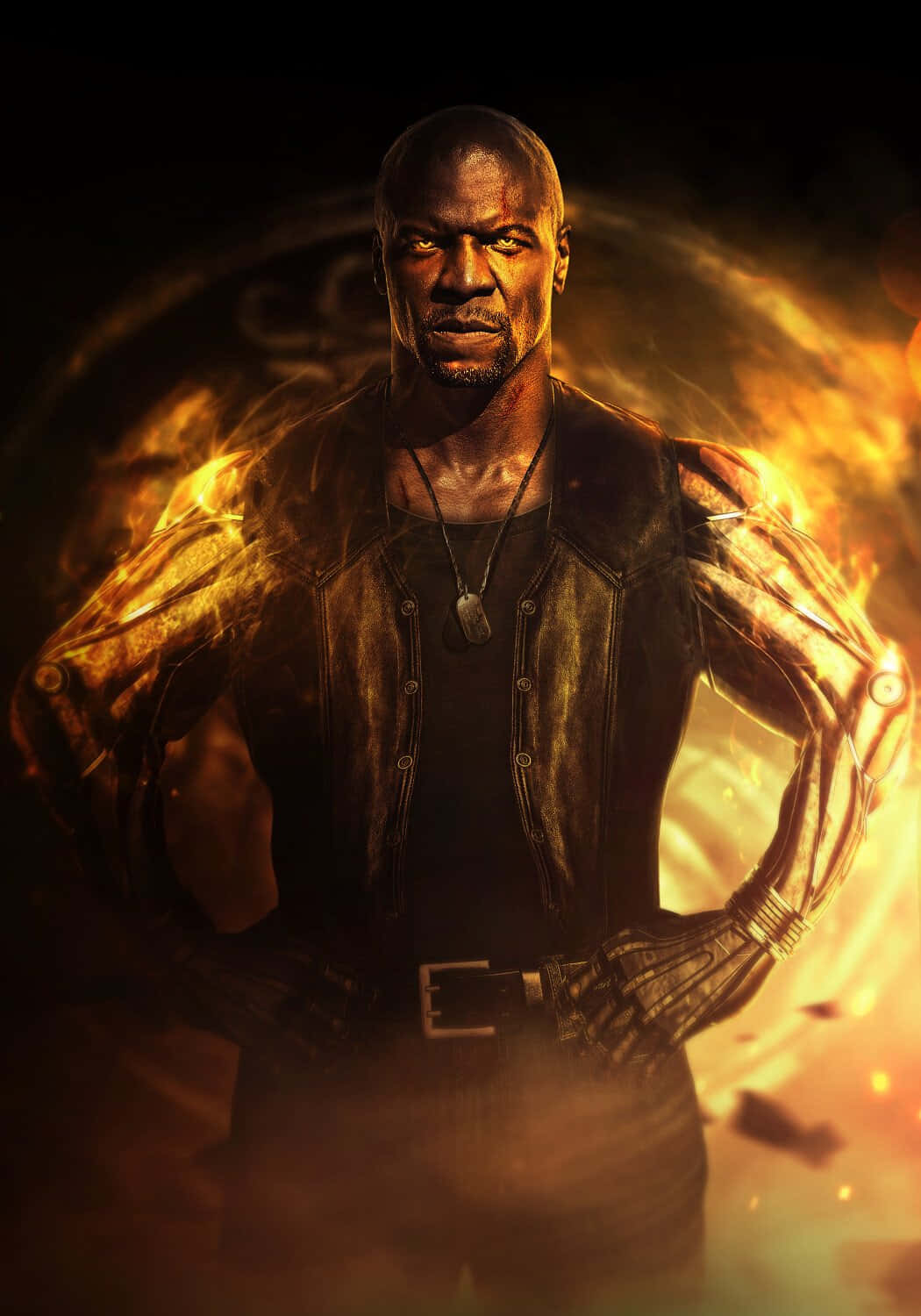 Mortal Kombat Jax 桌布 壁紙 — 一個穿著皮背心的強壯男人挑釁地站著，金色火焰在他裝甲的手臂周圍旋轉，背景是黑暗的。