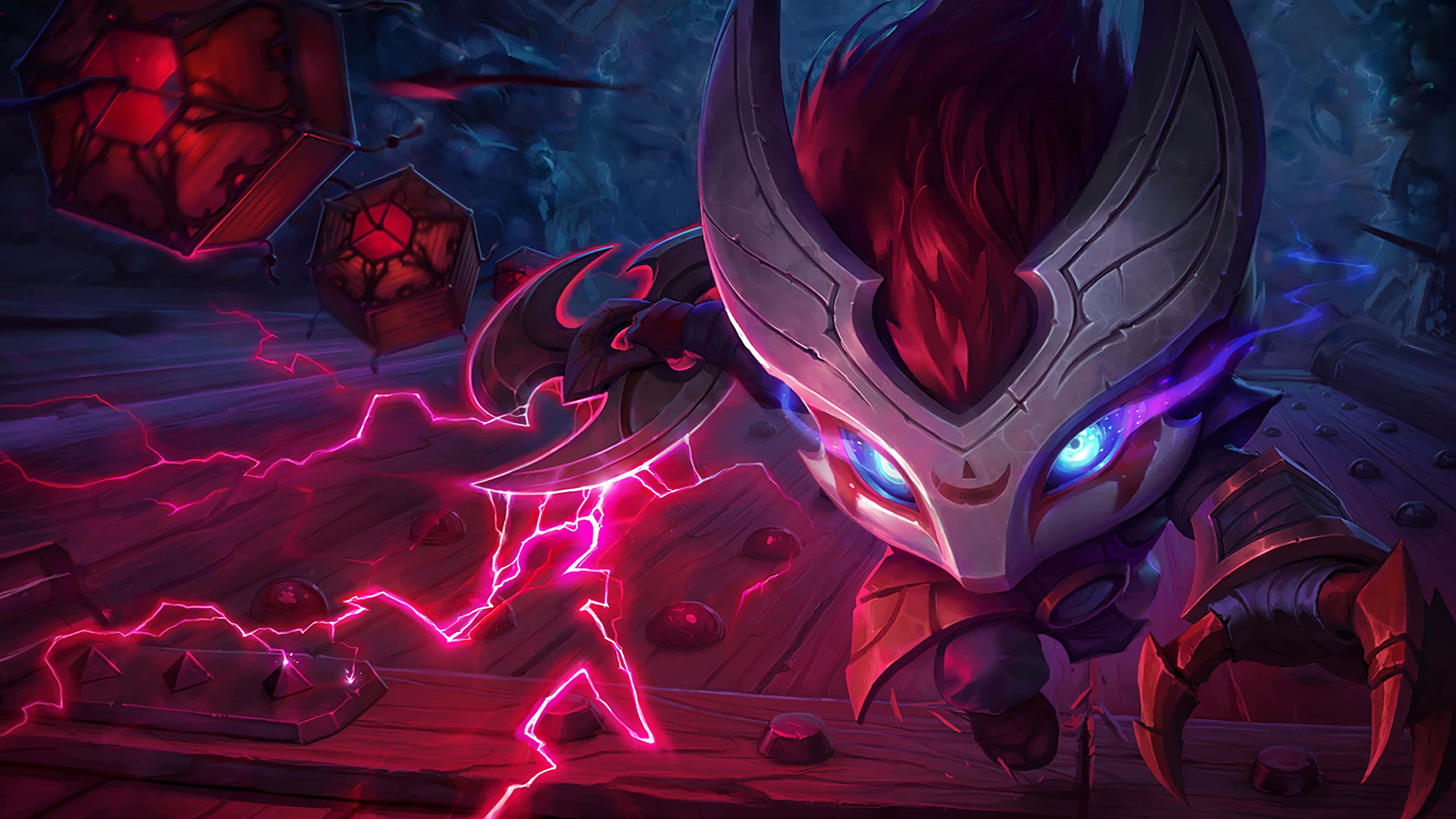 Moba Games 桌布 壁紙 — 一個穿著盔甲、藍色眼睛發光的Q版戰士，在黑暗的木製戰場上釋放出充滿活力的粉紅色閃電。