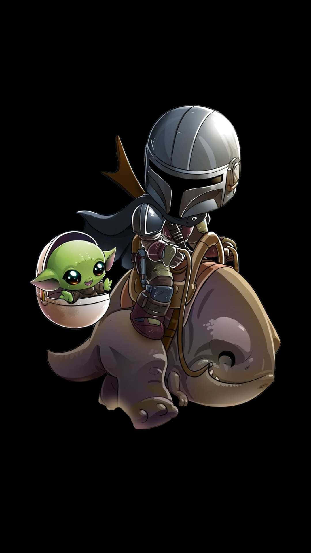 Baby Yoda iPhone 桌布 壁紙 — 一個穿著盔甲的Q版曼達洛人騎著一隻小生物，旁邊的莢艙中古古探出頭來，背景為黑色。