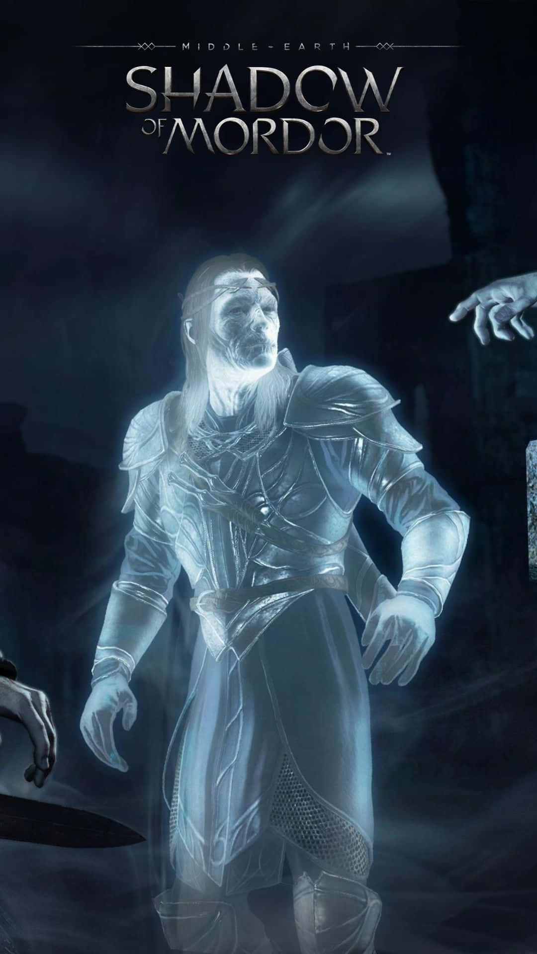 Android Shadow Of Mordor 桌布 壁紙 — 一個穿著盔甲的幽靈般半透明戰士，站在黑暗迷霧的環境中，他的形態散發出藍白色的光芒。