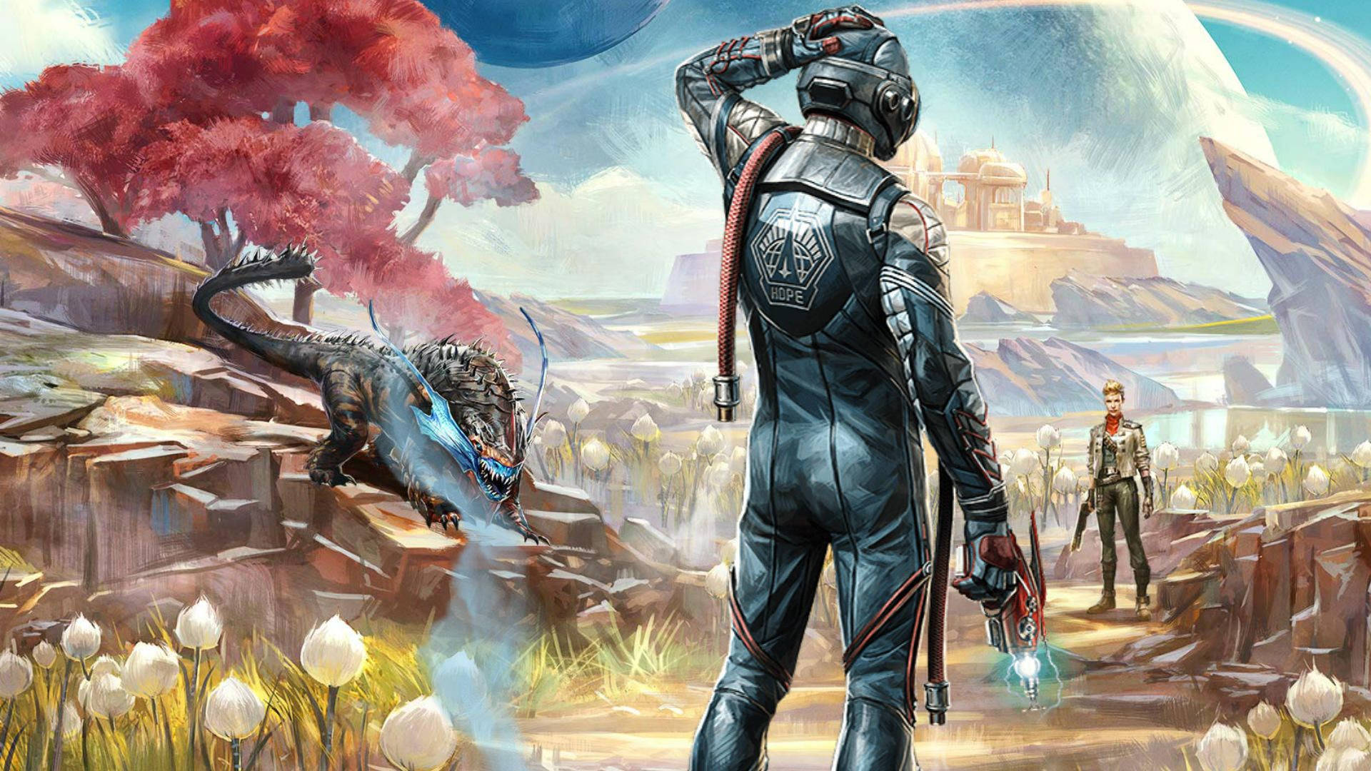 The Outer Worlds 桌布 壁紙 — 一個穿著盔甲的未來戰士在一個有紅色樹木和遠處城堡的外星行星上面對一條發光的龍。