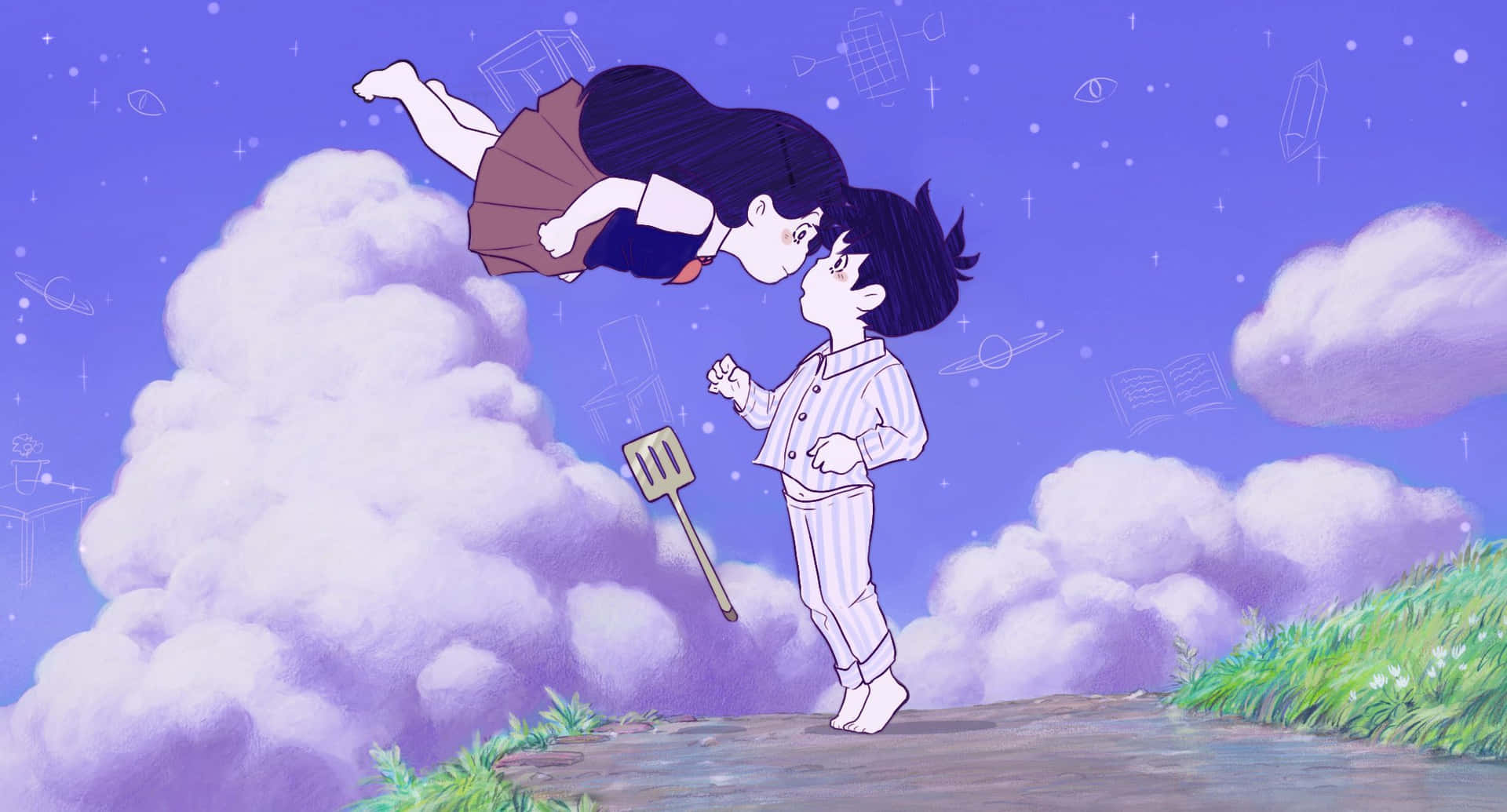 omori 桌布 壁紙 — 一個穿著睡衣的男孩拿著鍋鏟，一個女孩在紫色雲朵上漂浮在他上方，星空下漂浮著書本和眼睛圖標。