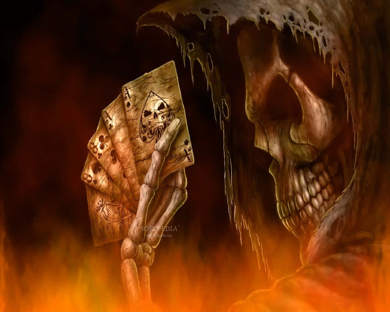 惡魔動圖 桌布 壁紙 — 一個穿著破爛兜帽的死神，手持一把被詛咒的撲克牌扇，背景是火熱的橙色和紅色。