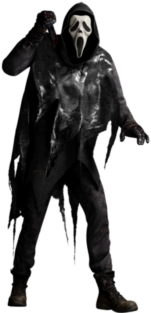 horror villains 桌布 壁紙 — 一個穿著破爛深色連帽服裝、戴著標誌性白色鬼臉面具的威脅人物，在黑色背景前拿著一把血淋淋的刀。