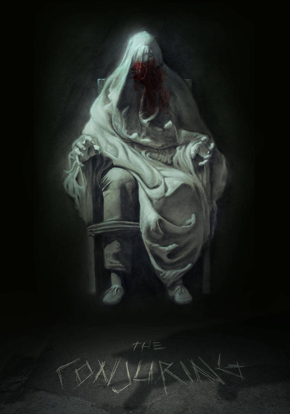 Conjuring 桌布 壁紙 — 一個穿著破爛白布的鬼影坐在椅子上，臉上滴著血，身處一個黑暗陰森的房間。