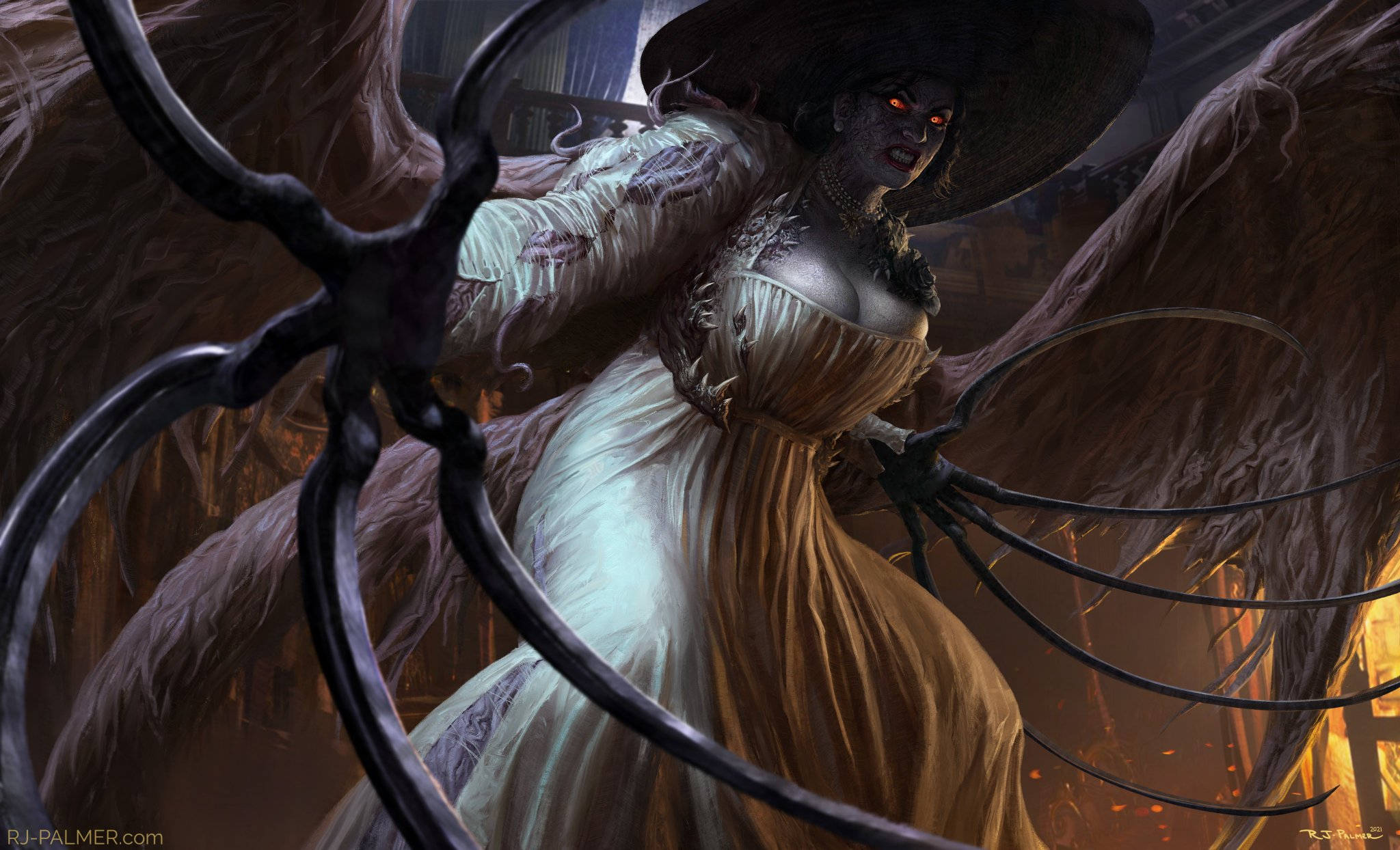 evil 桌布 壁紙 — 一個穿著破爛白色長袍和寬邊帽的威脅性女人，在火熱背景下揮舞著帶爪的手臂。