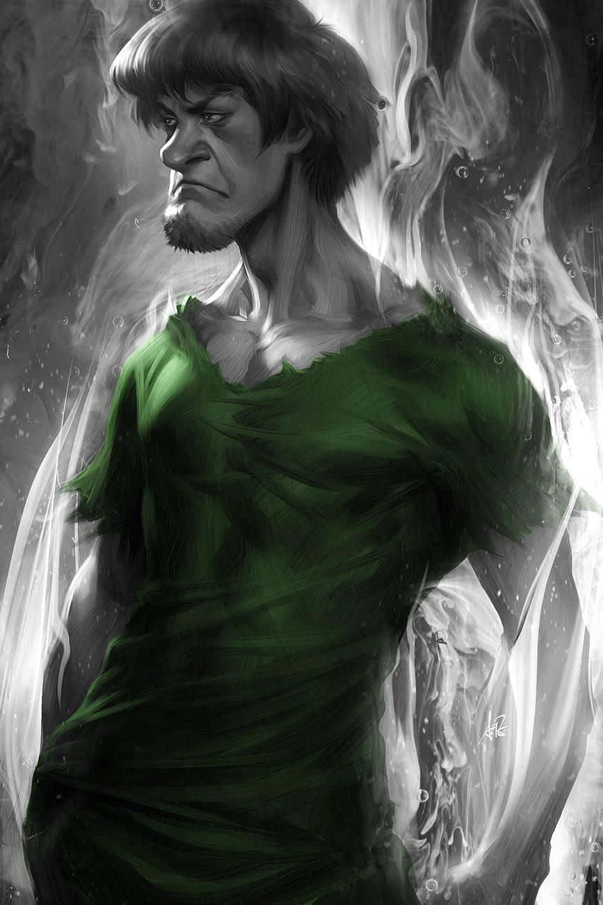 Shaggy Rogers 桌布 壁紙 — 一個穿著破爛綠色襯衫的嚴肅男人，站在單色數位繪畫中旋轉的煙霧和水滴之間。