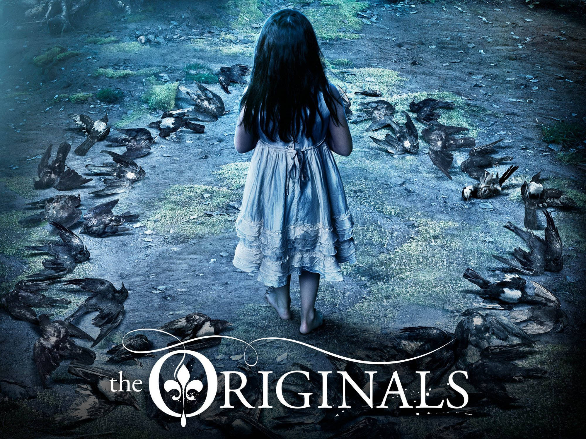 Originals 桌布 壁紙 — 一個穿著破爛裙子的年輕女孩赤腳站在死鳥圈中，天空陰沉。