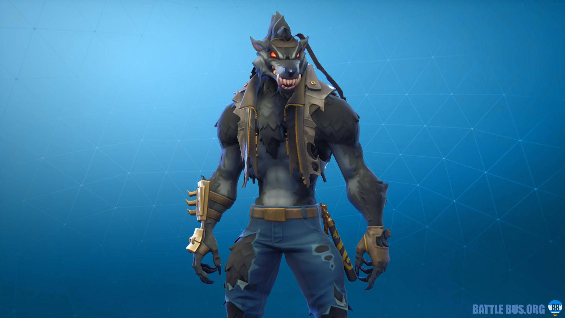 Og Fortnite Skins 桌布 壁紙 — 一個穿著破爛裝備的狼頭戰士，威風凜凜地站在藍色幾何背景前。