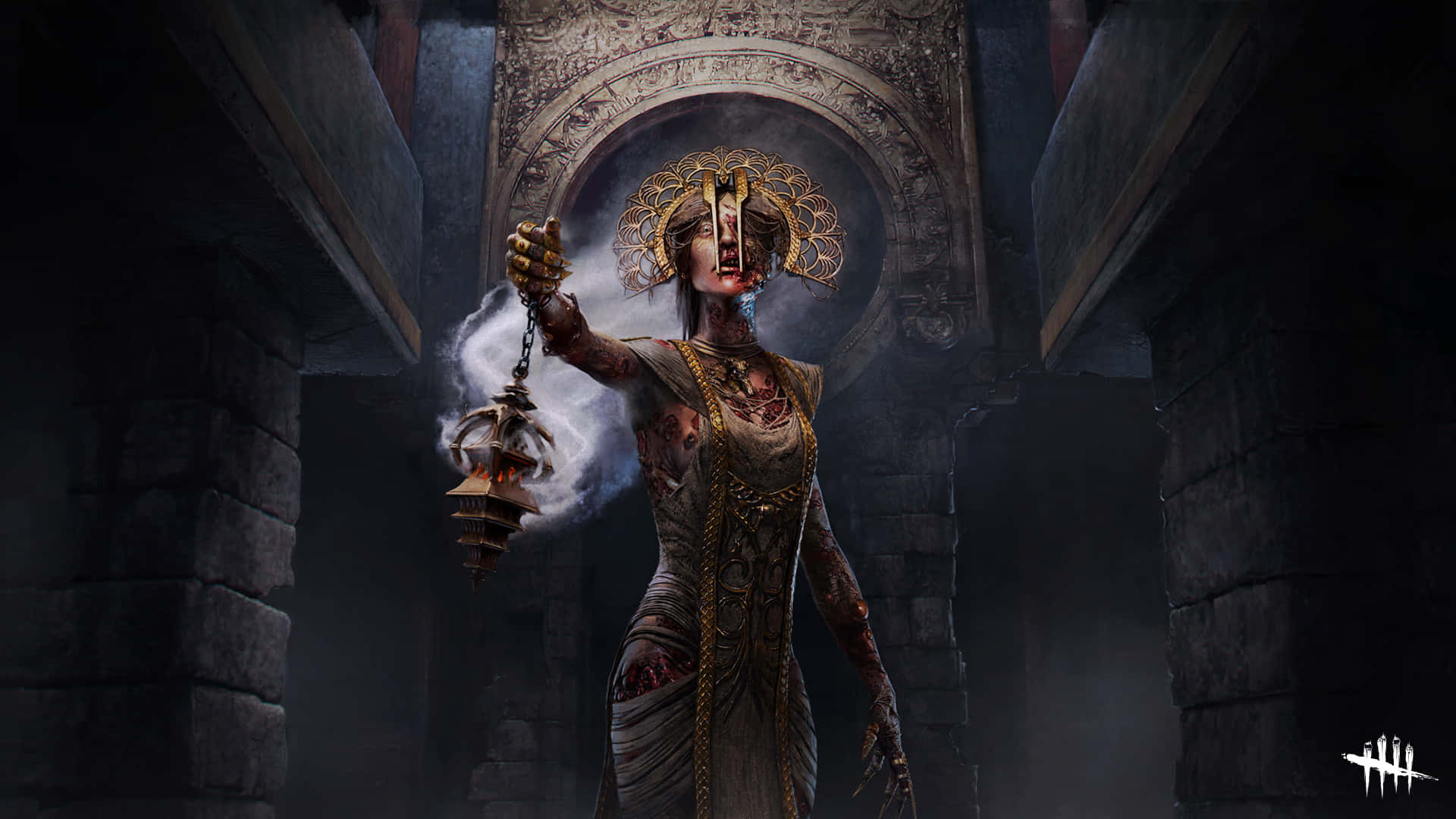 Dead By Daylight Killers 桌布 壁紙 — 一個穿著破爛長袍、戴著華麗怪異面具的人物，在黑暗的石廟走廊中手持冒煙的燈籠。