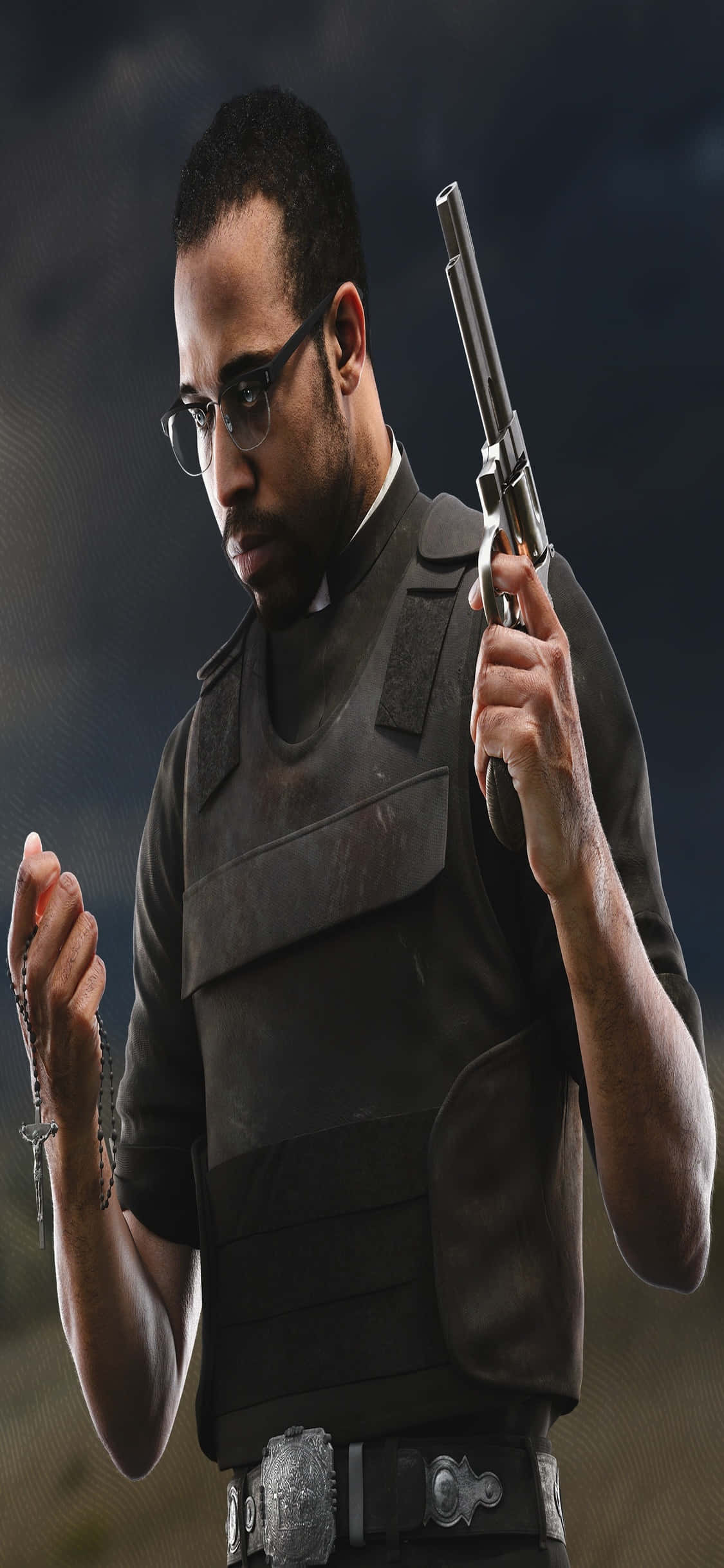 iPhone Xs Far Cry 5 桌布 壁紙 — 一個穿著神父領和戰術背心的男人，在暴風雨的天空下握著左輪手槍，同時緊握玫瑰經念珠。