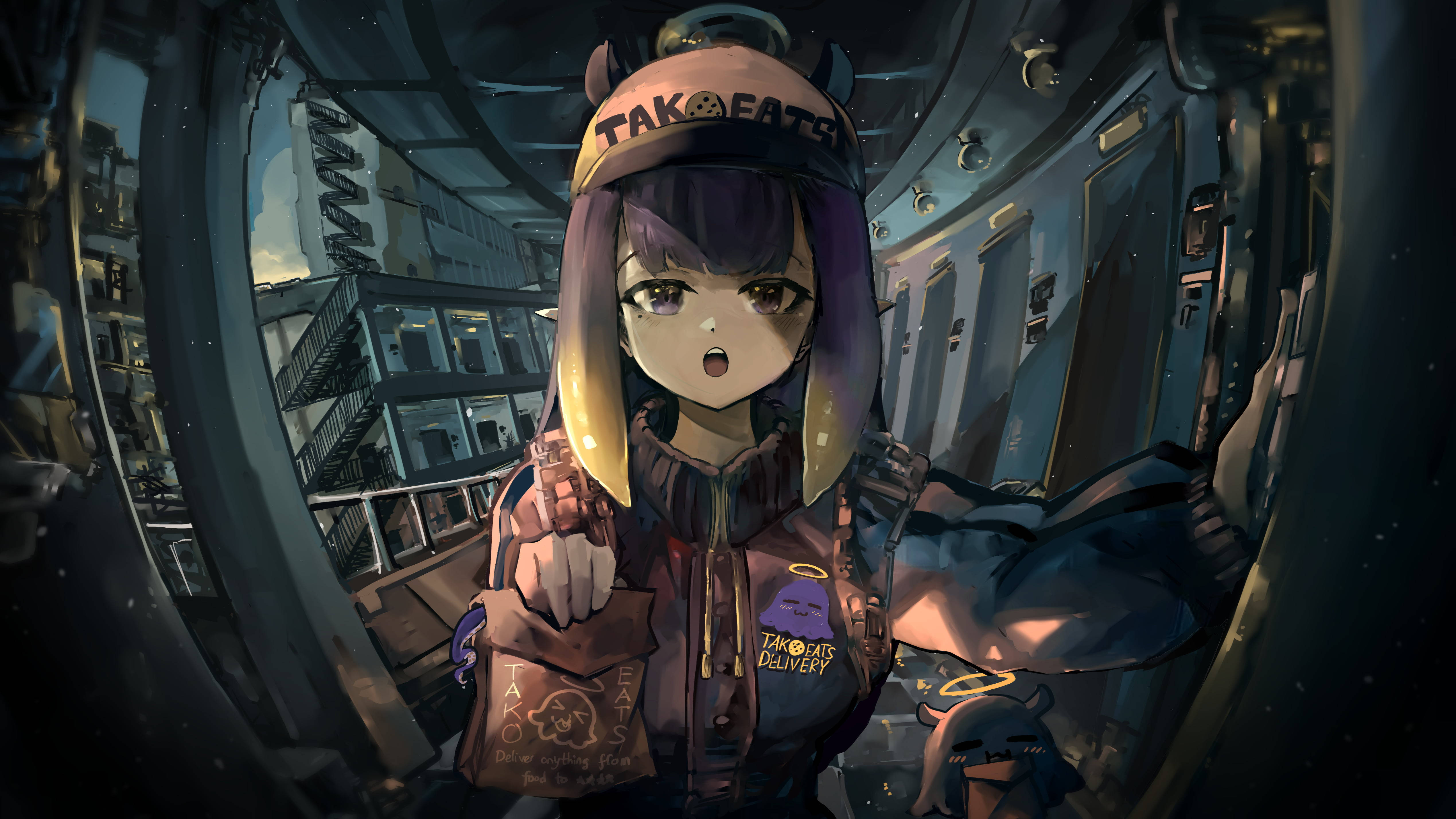 動漫女孩 桌布 壁紙 — 一個穿著章魚燒送貨制服、表情驚訝的動漫女孩，站在一個充滿未來感的地鐵隧道內，隧道外有發光的燈光和城市景觀。