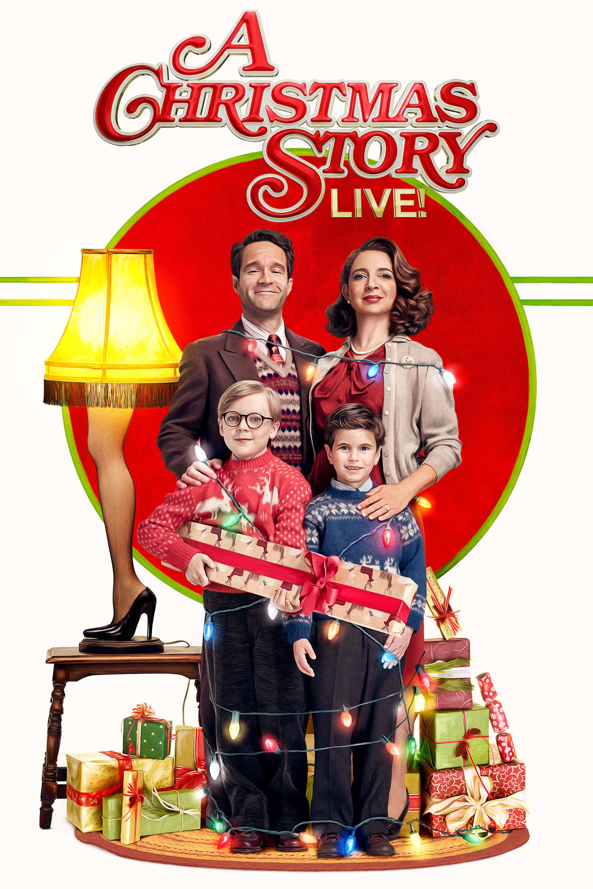 a christmas story 桌布 壁紙 — 一個穿著節日毛衣的家庭，手持一個用燈光包裹的巨大禮物，周圍環繞著禮物和一個發光的腿燈，背景是紅色圓圈。