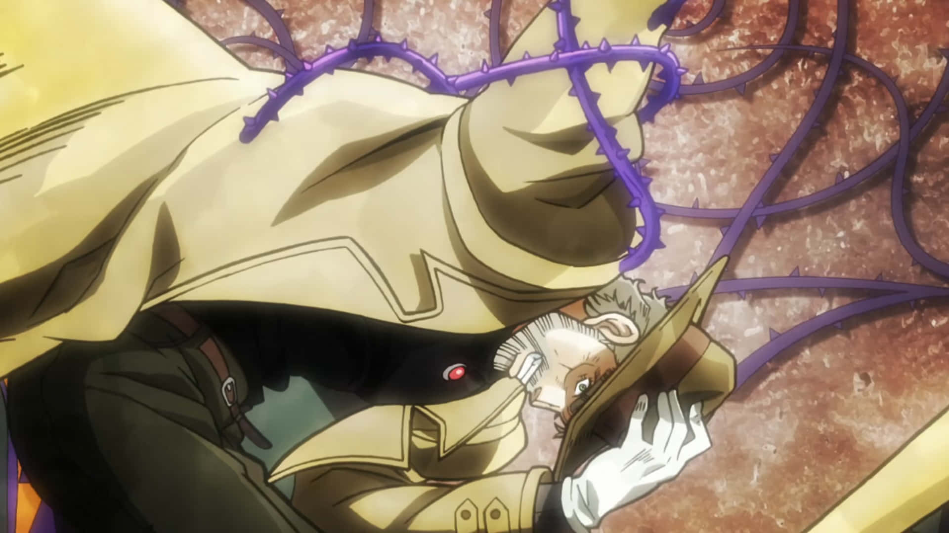 Stardust Crusaders 桌布 壁紙 — 一個穿著米色外套的動漫角色被紫色帶刺的藤蔓纏繞，背景是帶紋理的棕色。