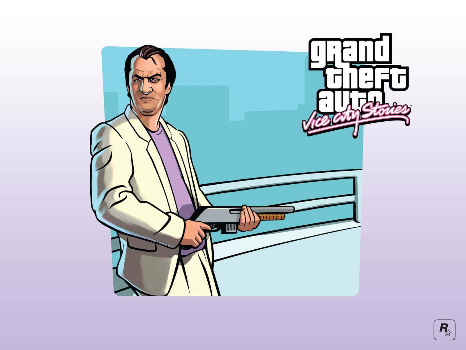 電玩遊戲 桌布 壁紙 — 一個穿著米色西裝的卡通男人，在帶有「Grand Theft Auto: Vice City Stories」標誌的城市天際線前手持獵槍。