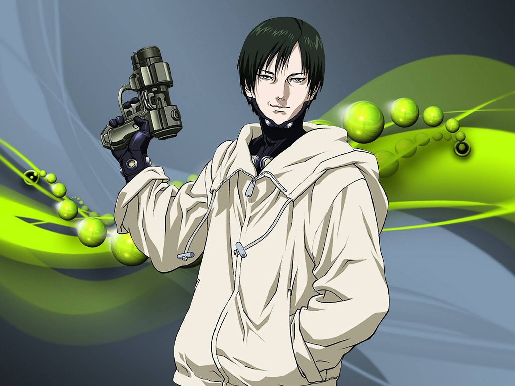 Gantz 桌布 壁紙 — 一個穿著米色連帽衫的動漫角色，在動態的綠色和灰色背景前拿著一把未來風格的槍。