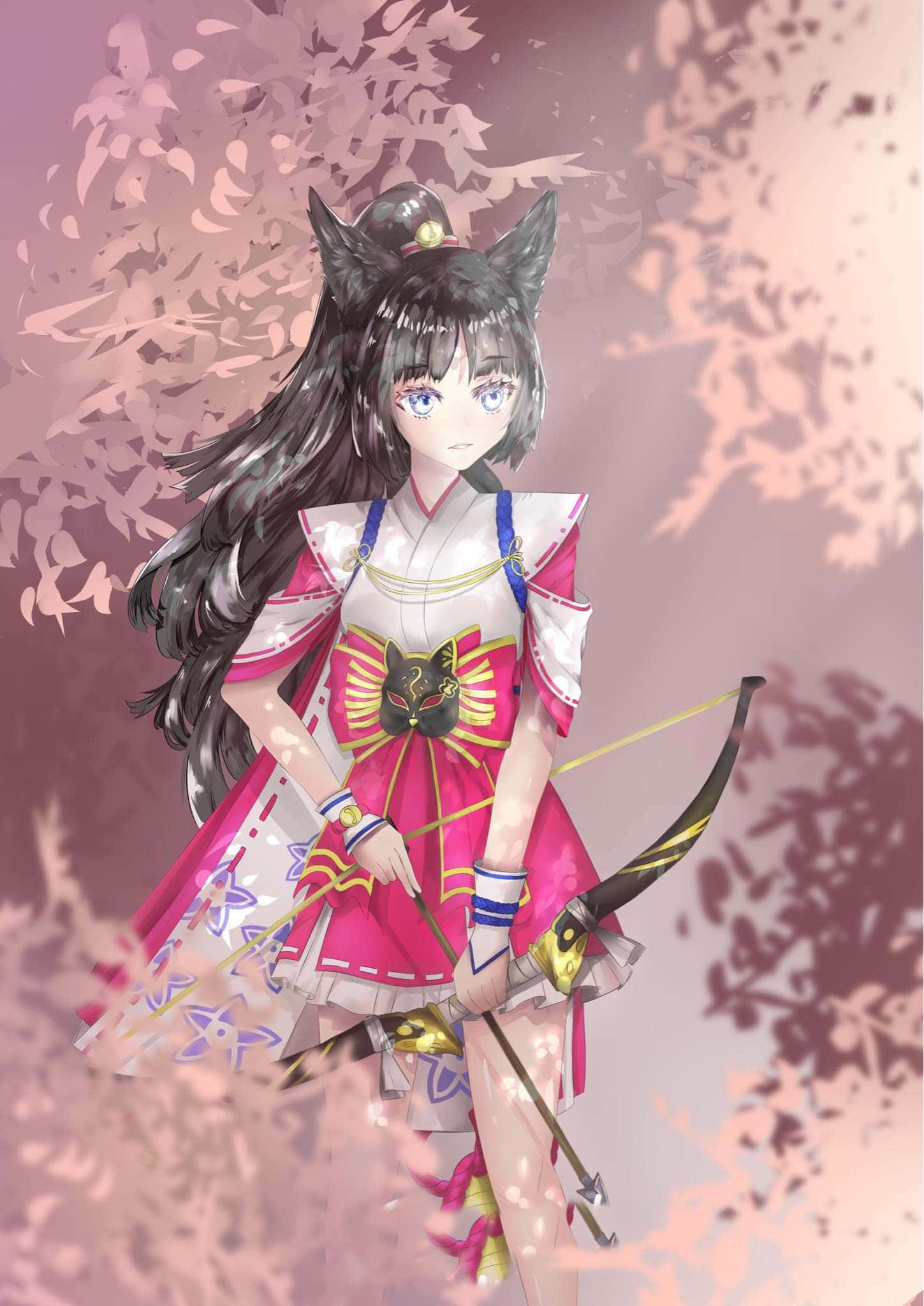 Mobile Legends 動態圖 桌布 壁紙 — 一個穿著粉白色服裝的貓耳動漫女孩，在飄落的櫻花中拿著弓箭。
