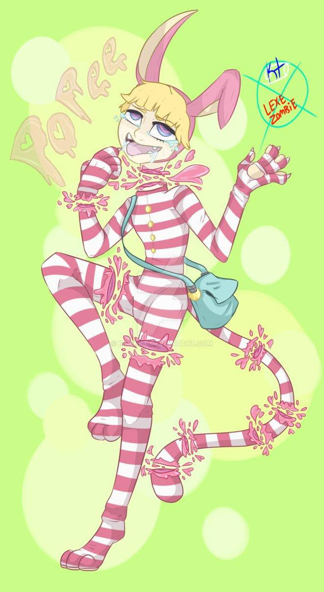 Pastel Gore 桌布 壁紙 — 一個穿著粉紅和白色條紋服裝的開朗動漫兔女郎，在明亮的綠色背景前跳舞，粉紅色的黏液在她周圍飛濺。