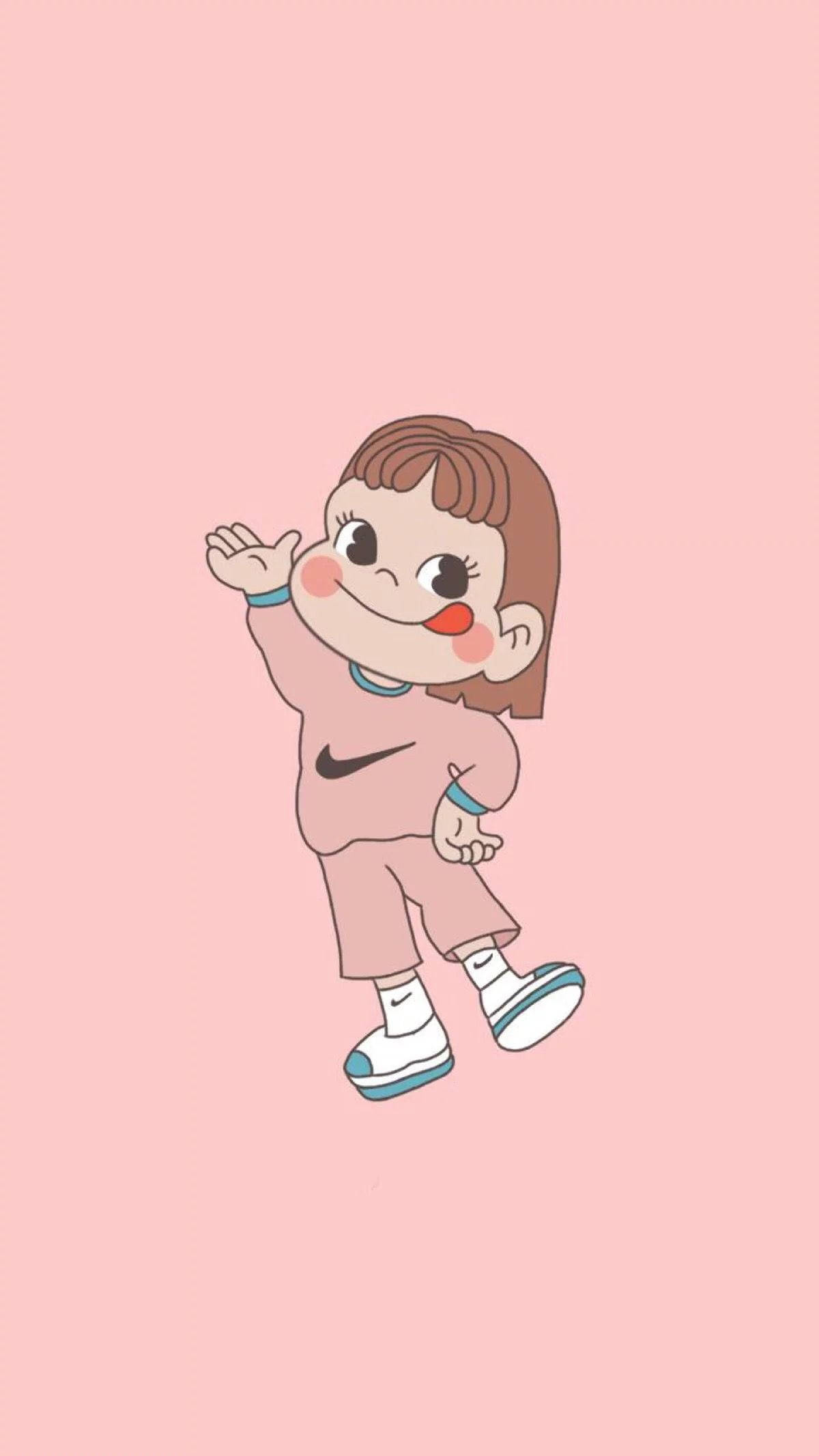 Nike 桌布 壁紙 — 一個穿著粉紅色Nike服裝的開心卡通女孩在柔和的粉紅色背景上快樂地揮手。