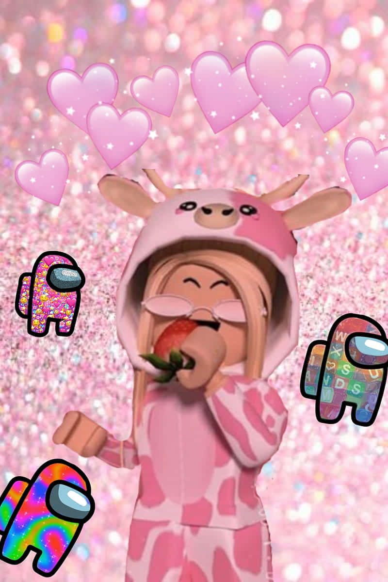 美學 在我們之間 桌布 壁紙 — 一個穿著粉紅色乳牛連身衣的 Roblox 角色在閃閃發光的粉紅色背景上吃草莓，背景有漂浮的心形和 Among Us 角色。