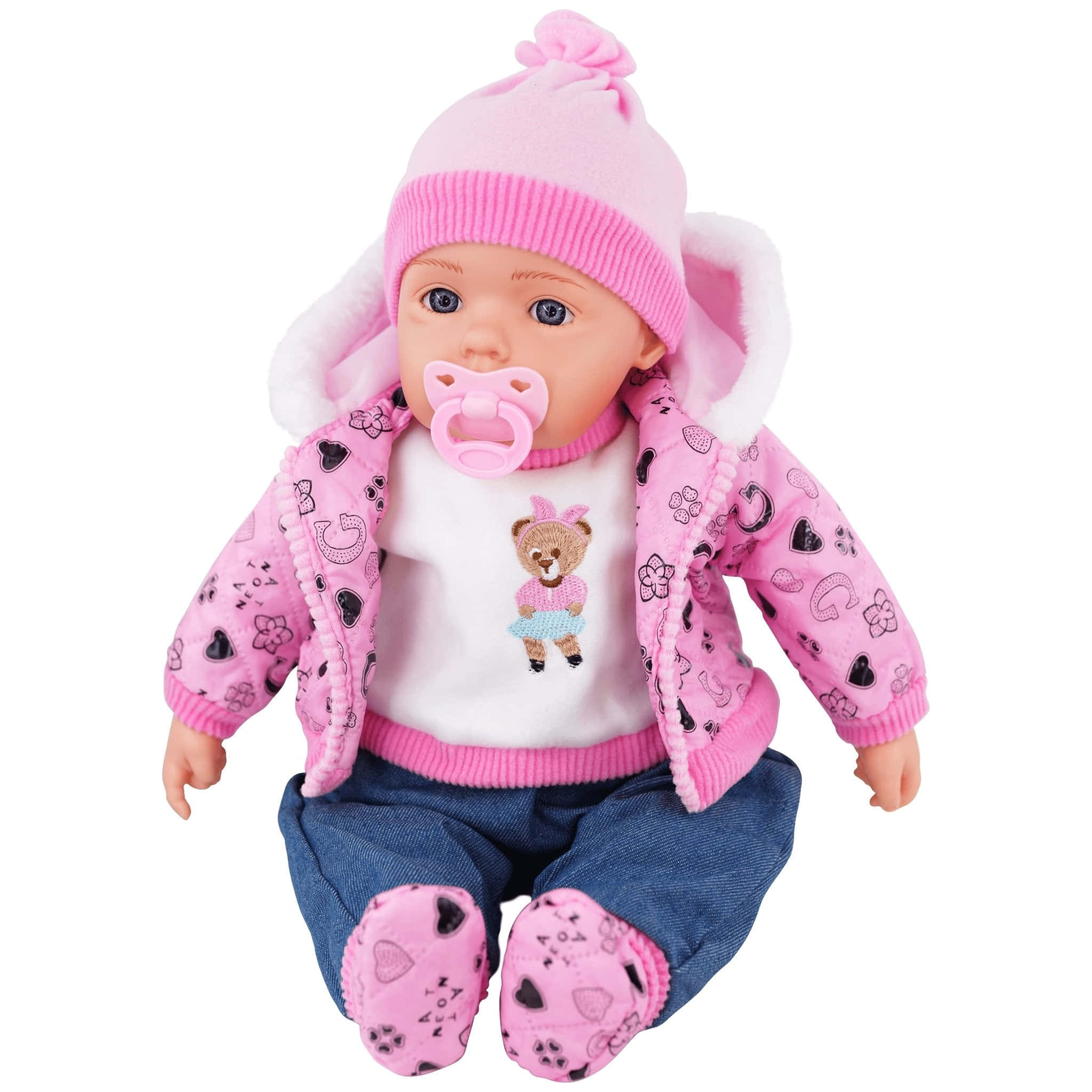 Dolls 桌布 壁紙 — 一個穿著粉紅色冬季裝備、含著奶嘴的嬰兒娃娃坐在白色背景前。