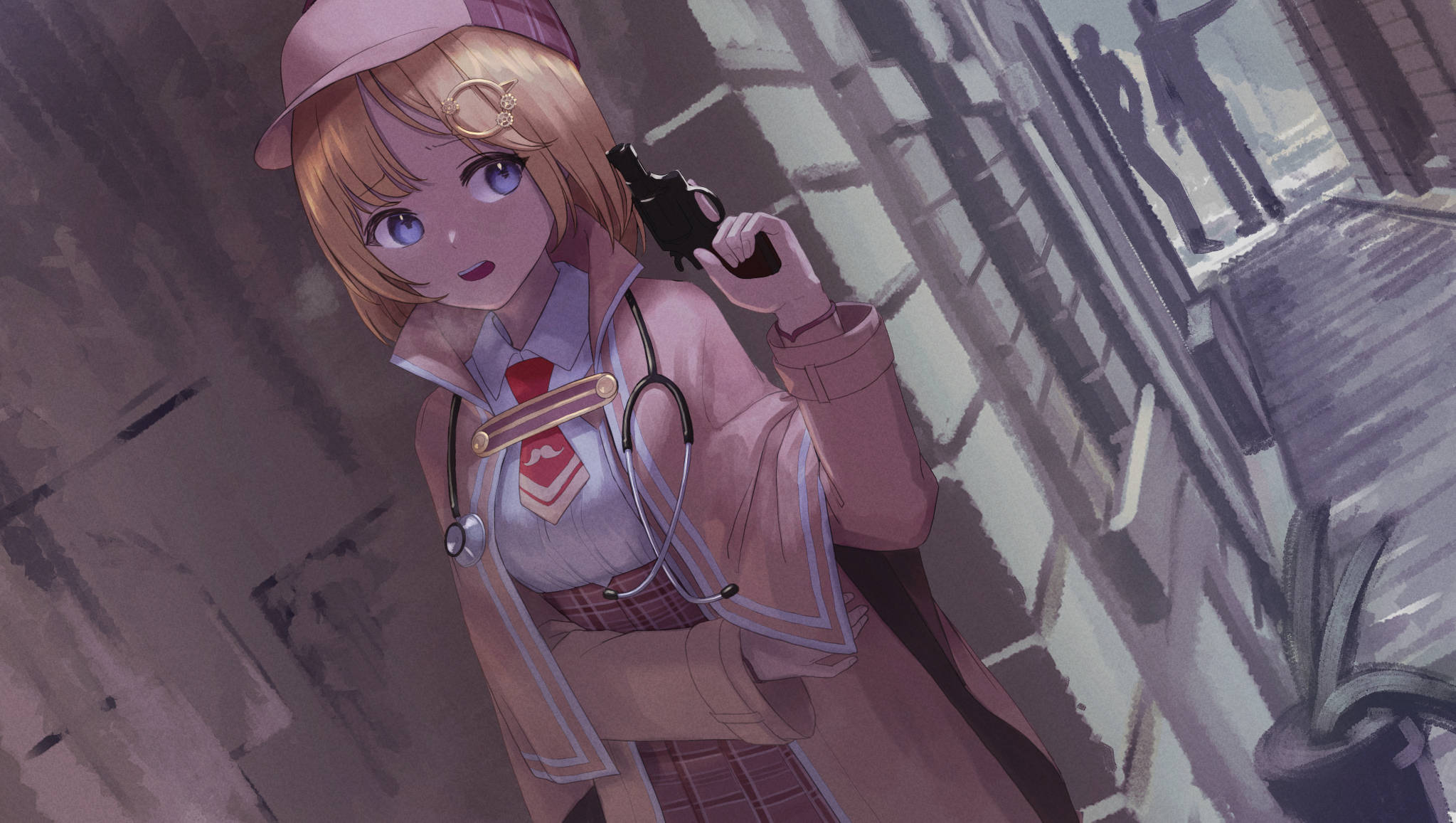 Amelia 桌布 壁紙 — 一個穿著粉紅色制服和帽子的開朗動漫女孩，在雨中的小巷裡拿著一把小手槍。