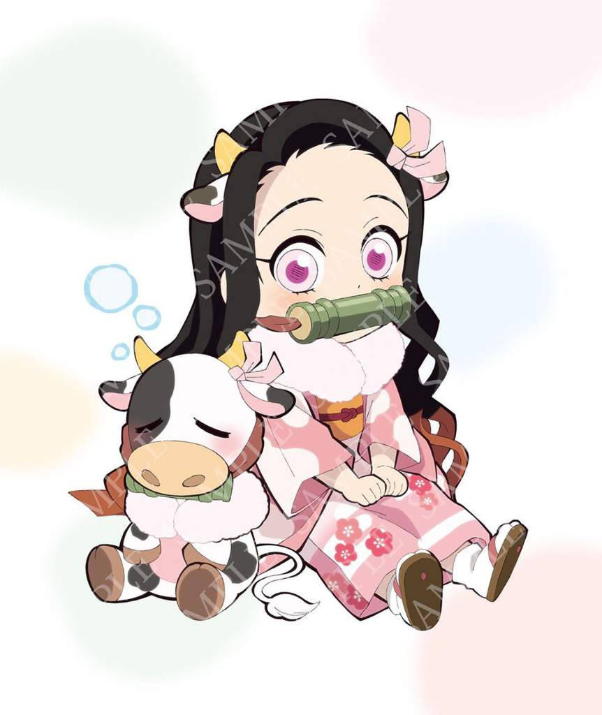 鬼滅之刃 禰豆子 桌布 壁紙 — 一個穿著粉紅色和服的Q版動漫女孩，抱著一個牛玩偶，在柔和的粉彩背景前吹泡泡。