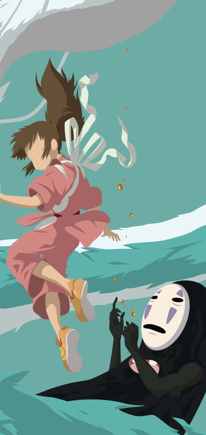 Haku Spirited Away Phone 桌布 壁紙 — 一個穿著粉紅色和服的女孩跳過藍綠色水面，一個戴面具的精靈在下方伸出雙手觀看。