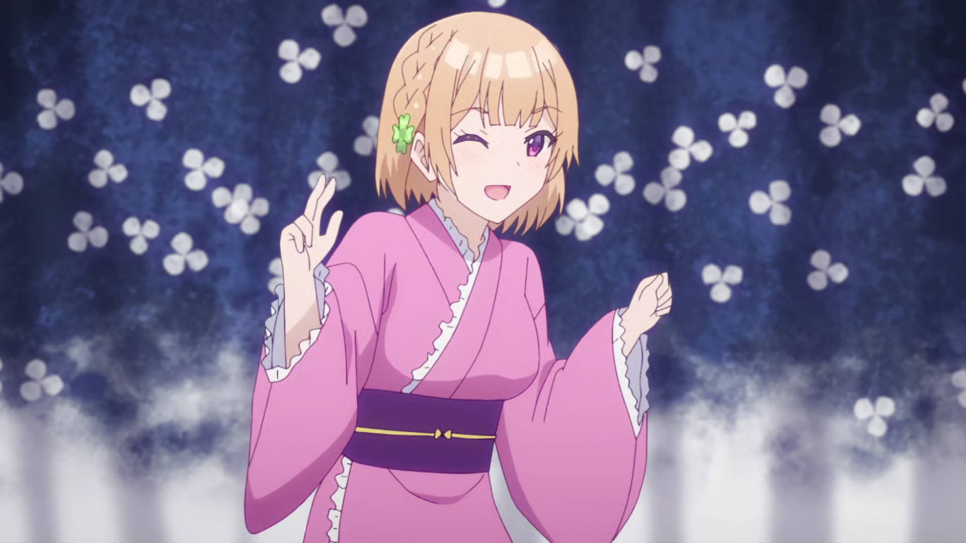 osamake 桌布 壁紙 — 一個穿著粉紅色和服的開朗動漫女孩在深藍色花卉背景上眨眼並做出和平手勢。