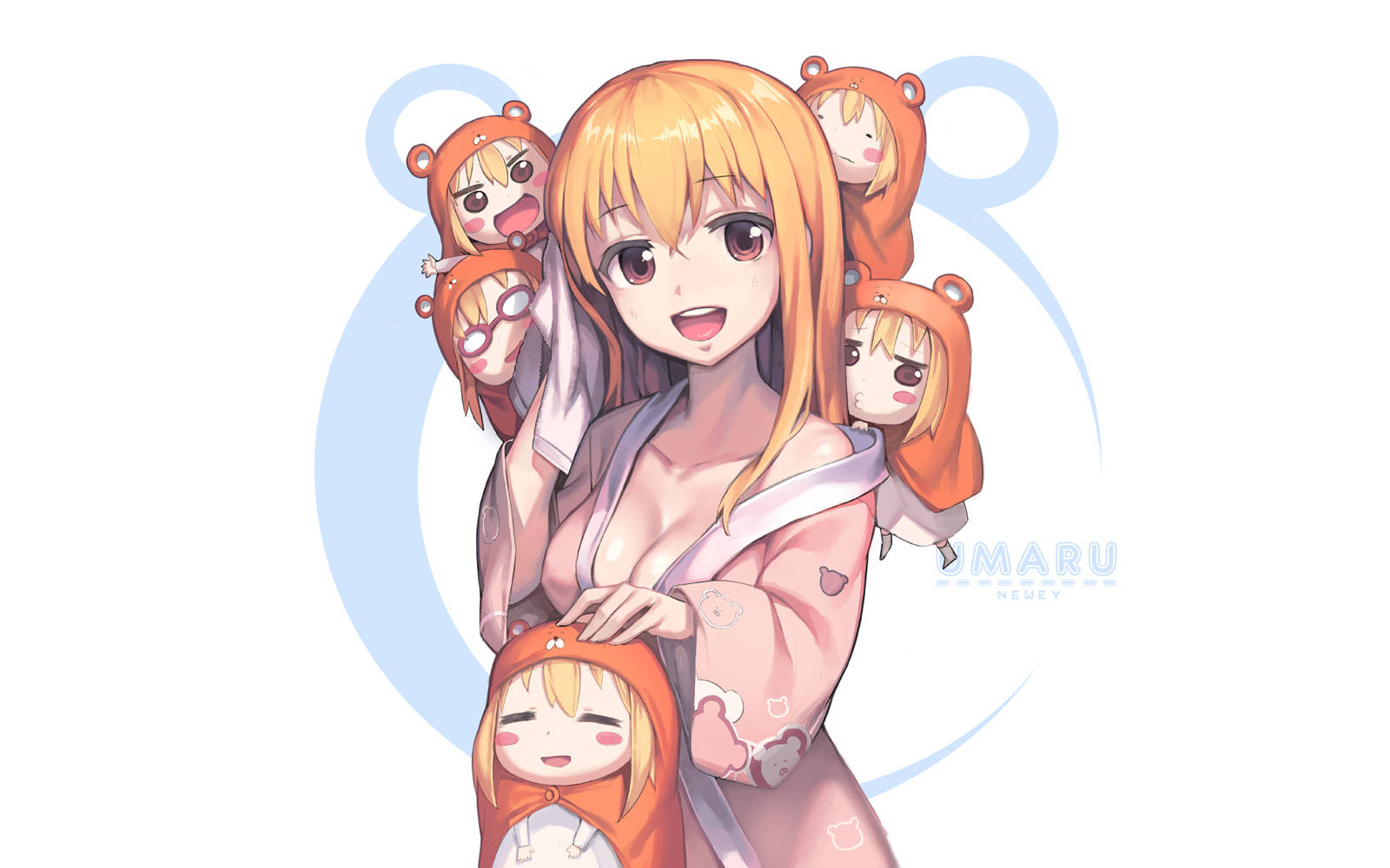 Umaru 桌布 壁紙 — 一個穿著粉紅色和服的開朗動漫女孩，被四個穿著橙色熊服裝的小版自己包圍。