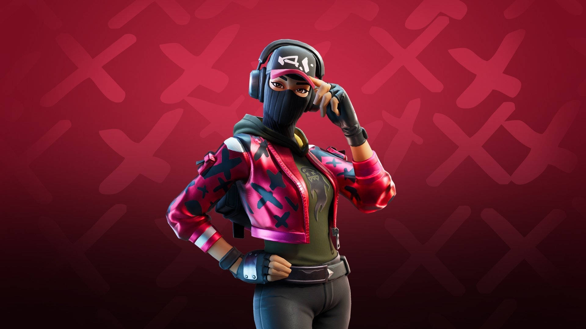 Fortnite 造型 桌布 壁紙 — 一個穿著粉紅色和黑色外套、戴著面具和耳機的Fortnite角色，在帶有X圖案的紅色背景前自信地擺姿勢。