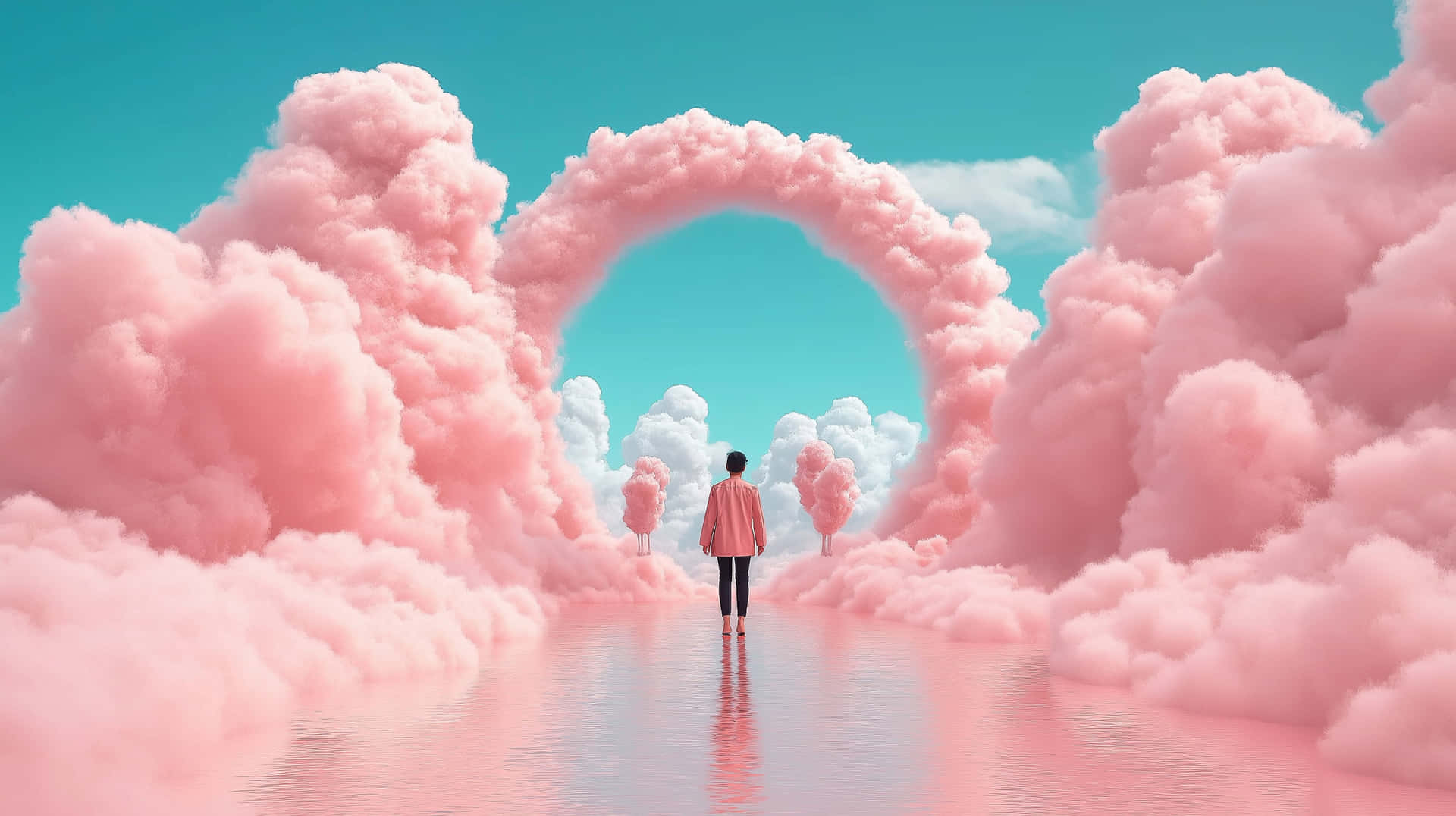 Person Standing in Pink Cloud Arch Landscape 壁紙 — 一個穿著粉紅色外套的孤獨身影，穿過由蓬鬆粉紅雲朵構成的超現實拱門，走向晴朗藍天下遠處的樹木。