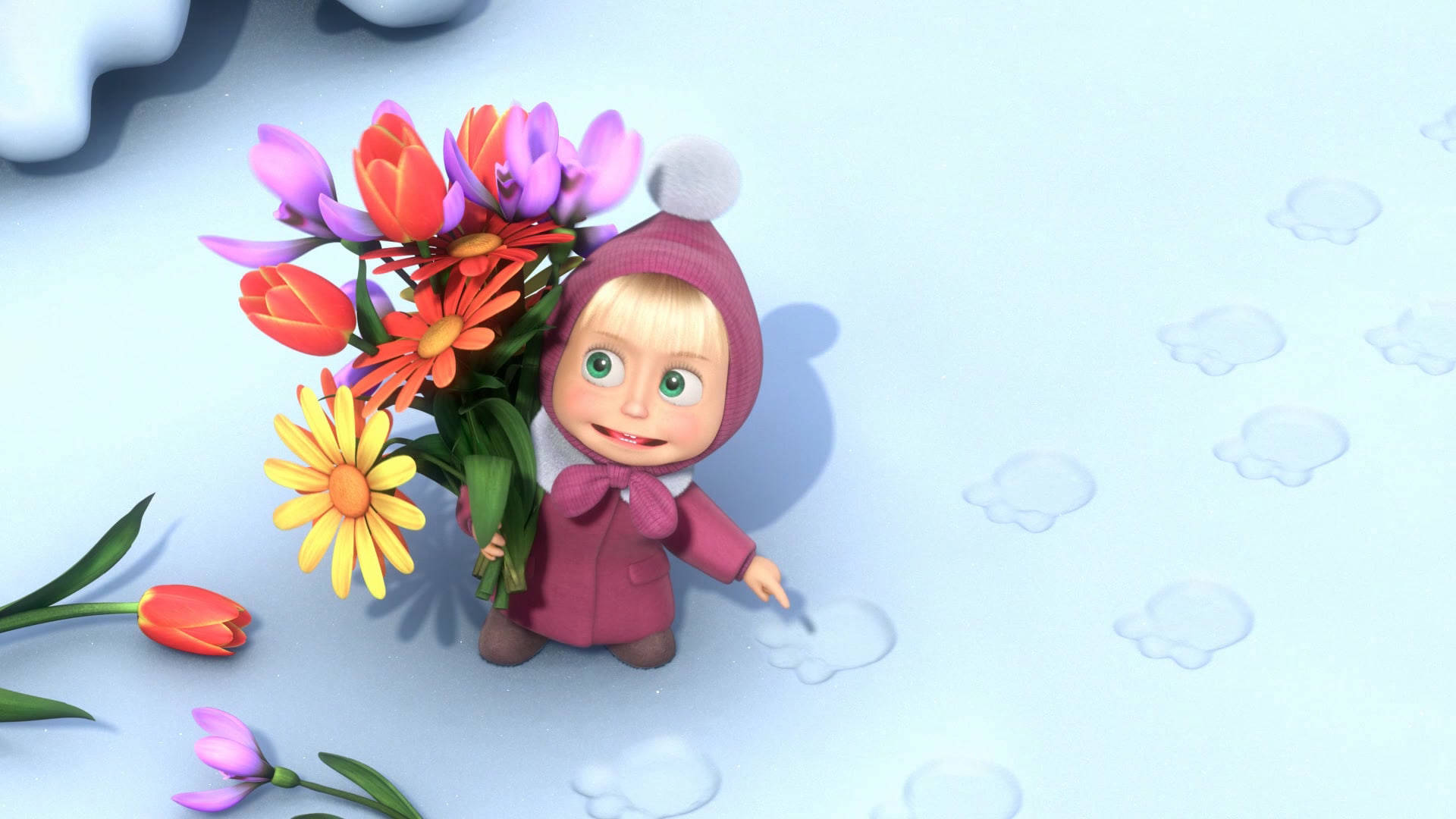 Masha 桌布 壁紙 — 一個穿著粉紅色外套的開心動畫女孩，在雪地上拿著一束鮮豔的鬱金香和雛菊，地上有腳印。