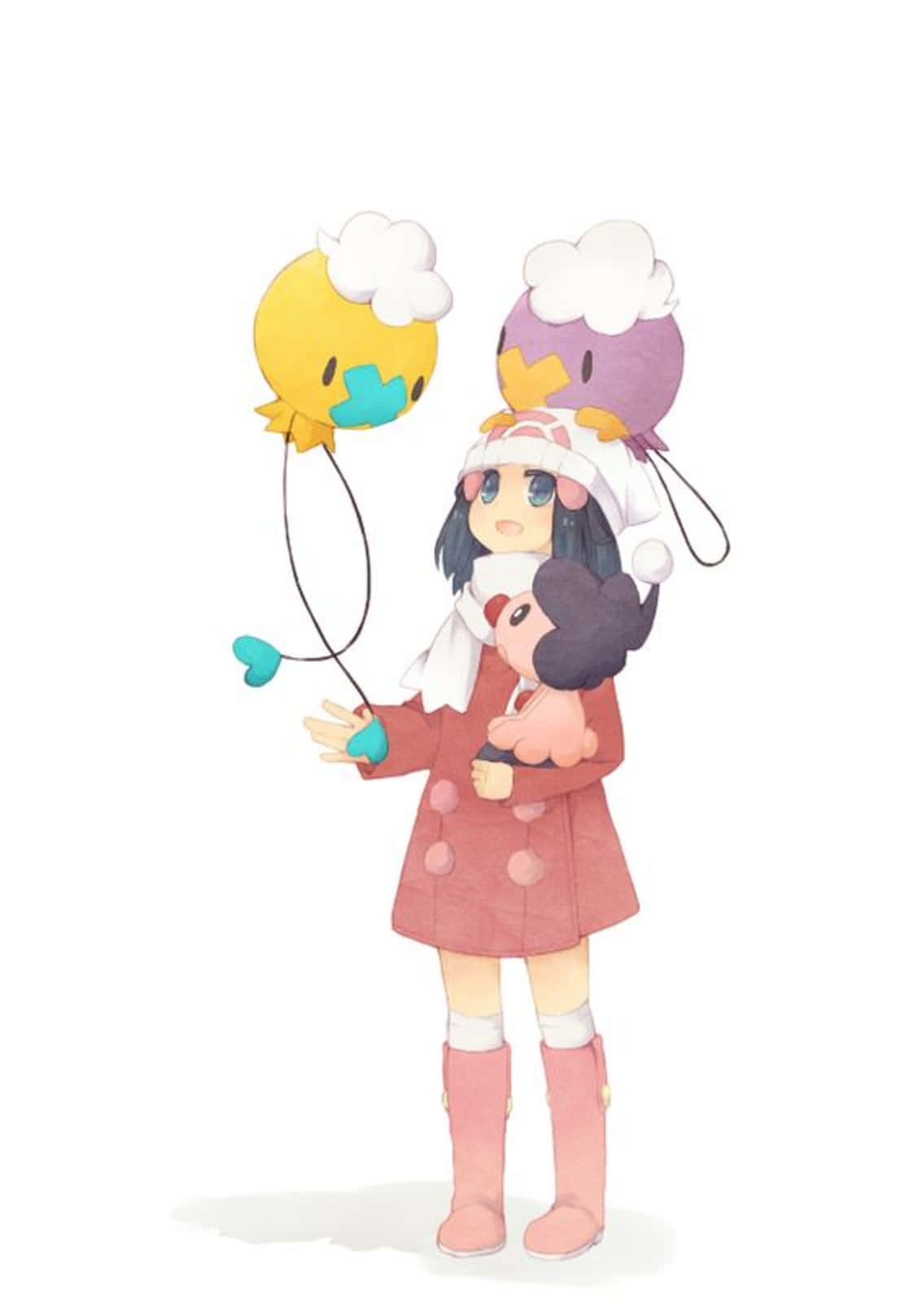 Pokemon Aesthetic 桌布 壁紙 — 一個穿著粉紅色外套的開朗動漫女孩，拿著一個頂部有雲的黃色氣球，一隻紫色小鳥棲息在她的頭上。