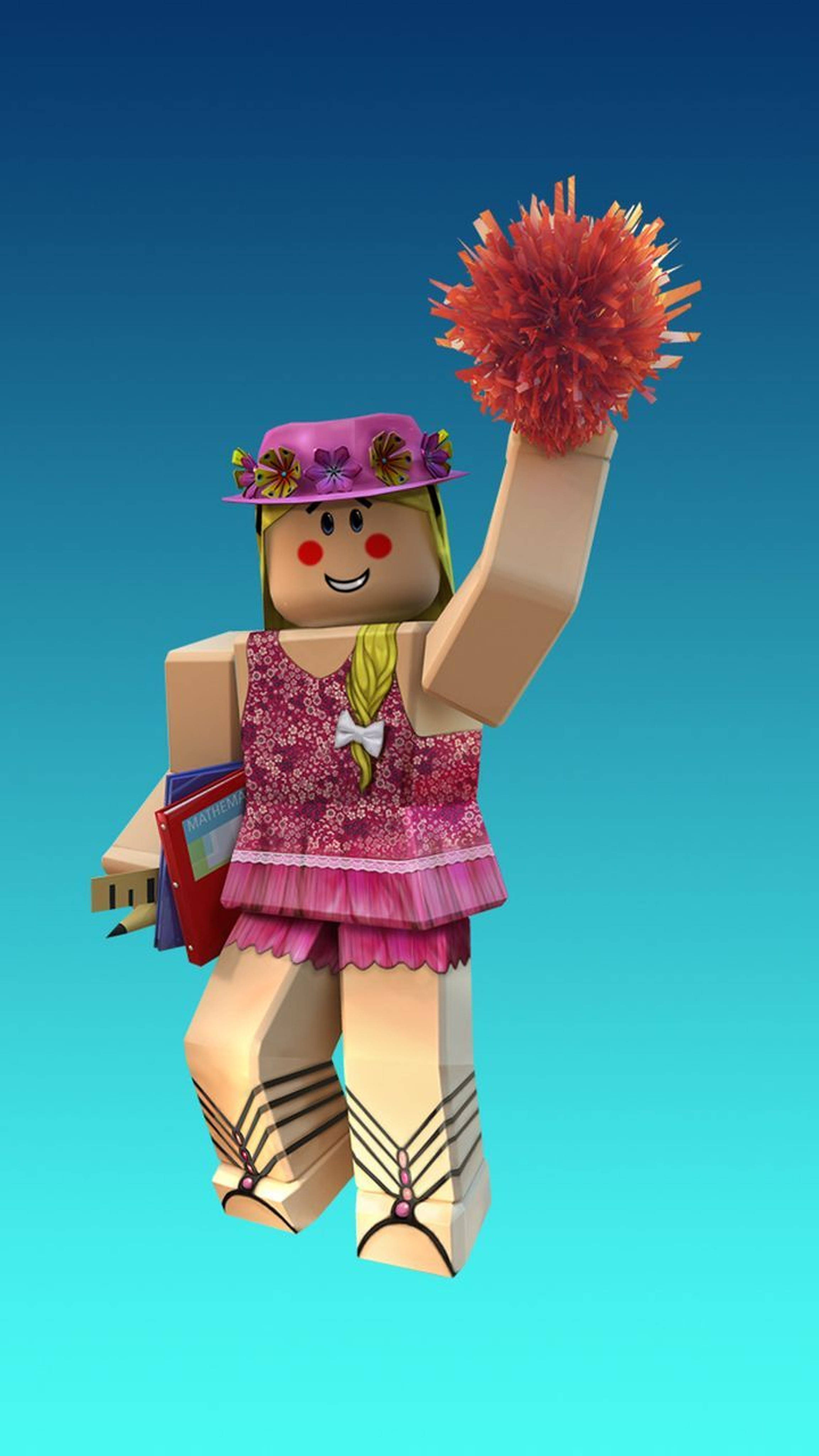 Roblox 女孩 桌布 壁紙 — 一個穿著粉紅色服裝的開心Roblox啦啦隊員，在漸變藍色背景前拿著紅色絨球。