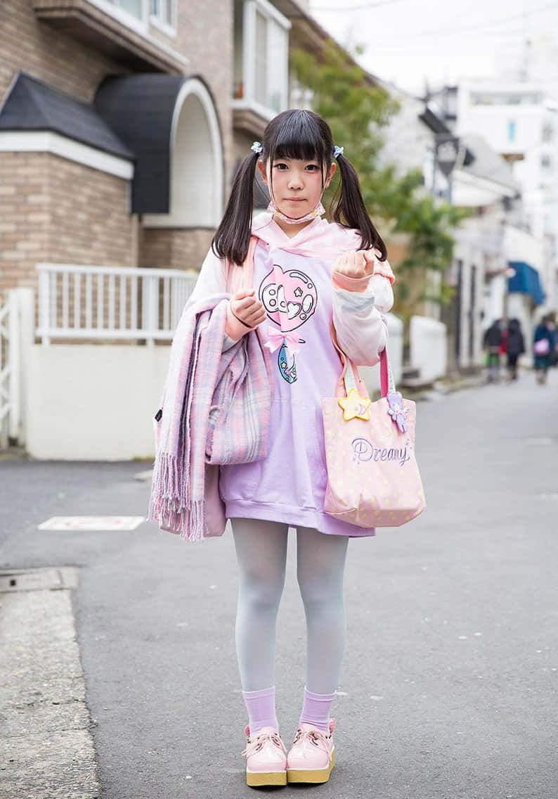 少女風 桌布 壁紙 — 一個穿著粉紅色柔和套裝的年輕女孩站在一條寧靜的街道上，拿著相配的袋子和圍巾。