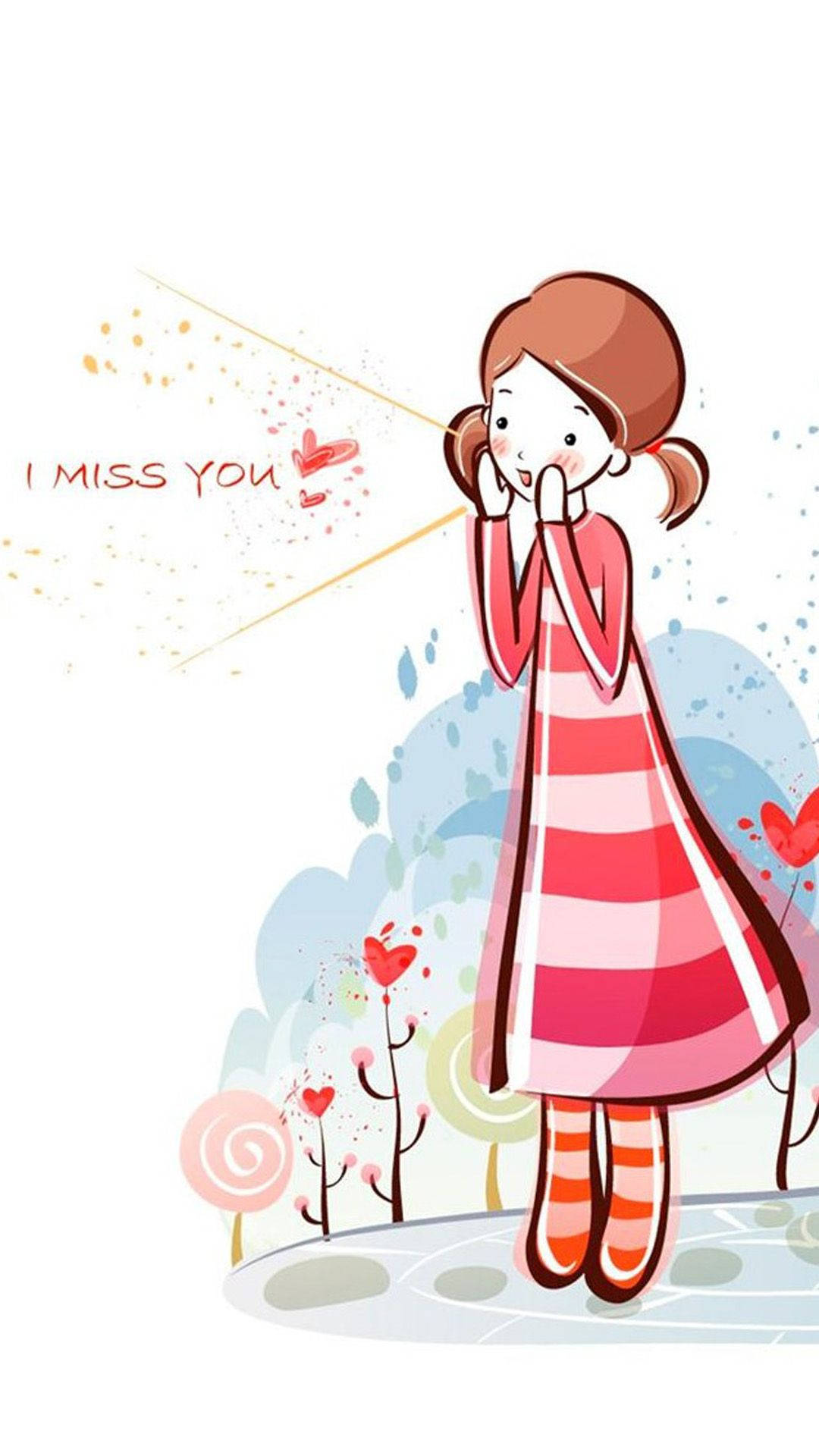 Missing 桌布 壁紙 — 一個穿著粉紅色條紋連衣裙的卡通女孩低聲說「我想你」，心形從她的嘴唇飛出，背景是夢幻的粉彩。