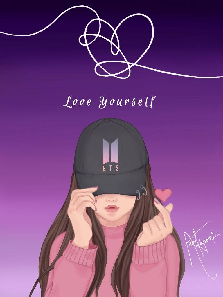 女孩戴著BTS帽子，穿著粉紅色毛衣，在紫色背景上做出心形手勢。 — BTS 防彈少年團 粉絲 女孩 GIF 壁紙