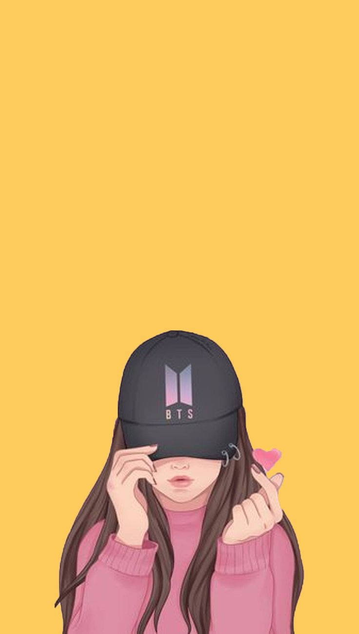 Cool Girl Cartoon 桌布 壁紙 — 一個穿著粉紅色毛衣和黑色BTS帽子的女孩，在純黃色背景上頑皮地遮住眼睛。