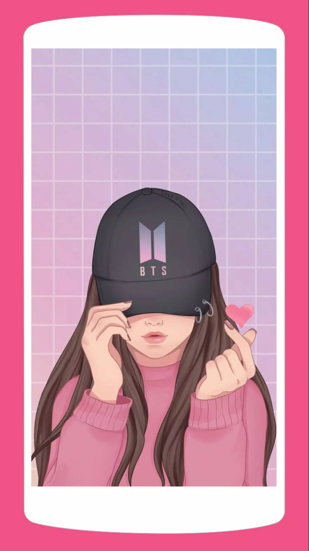 女孩戴著BTS帽和粉紅色毛衣做出心形手勢。 — BTS ARMY GIF 壁紙